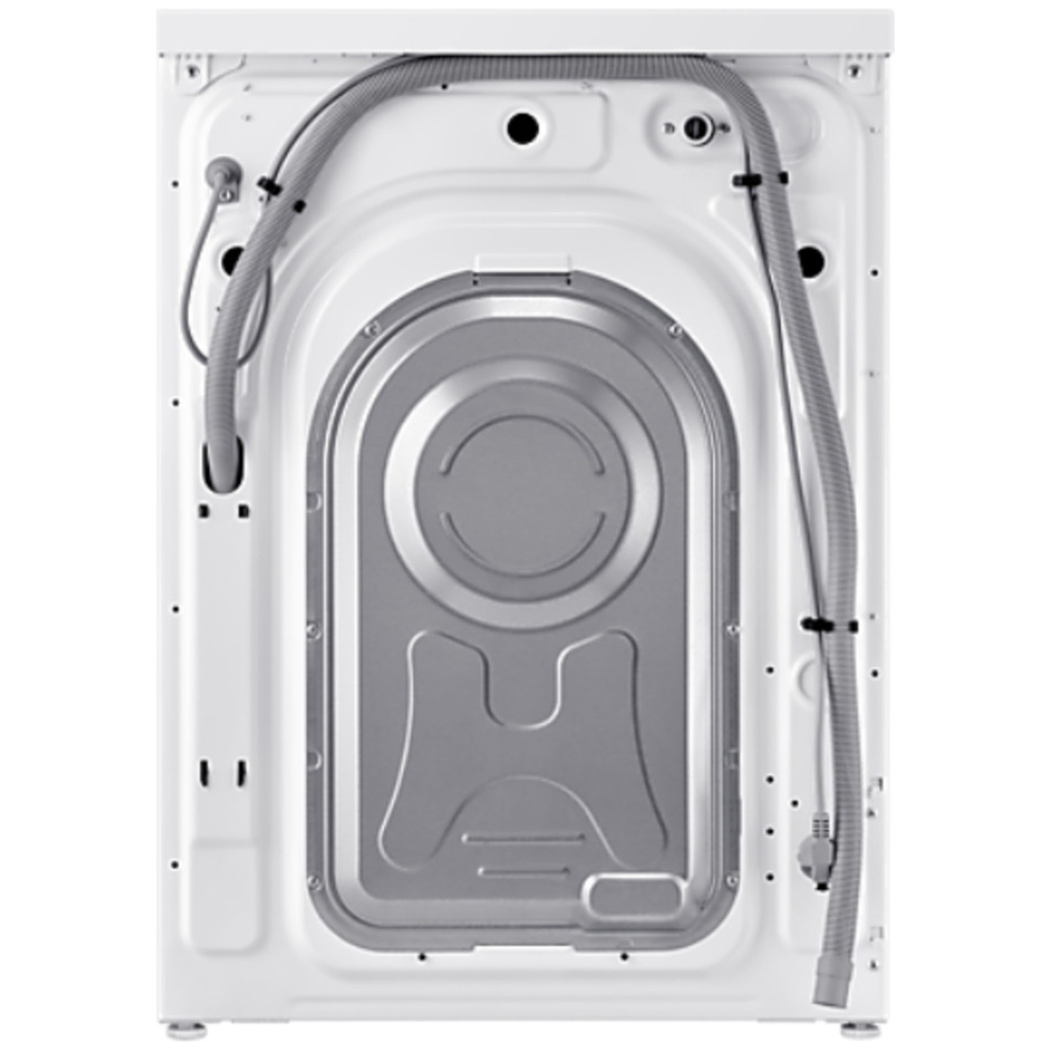 Back view of a white washing machine with hoses and a metal panel.