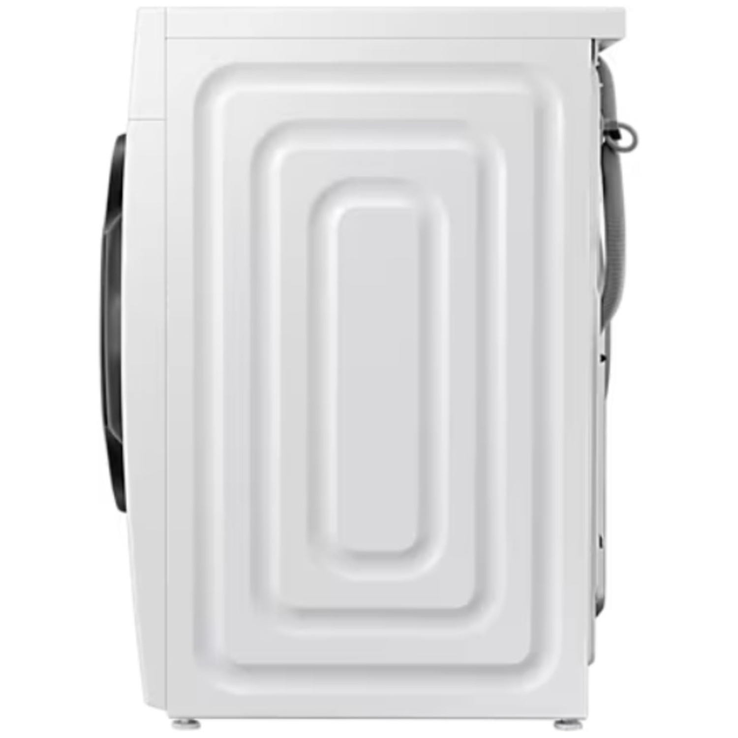 Side profile of a white washing machine with indented concentric rectangles and a grey hose.