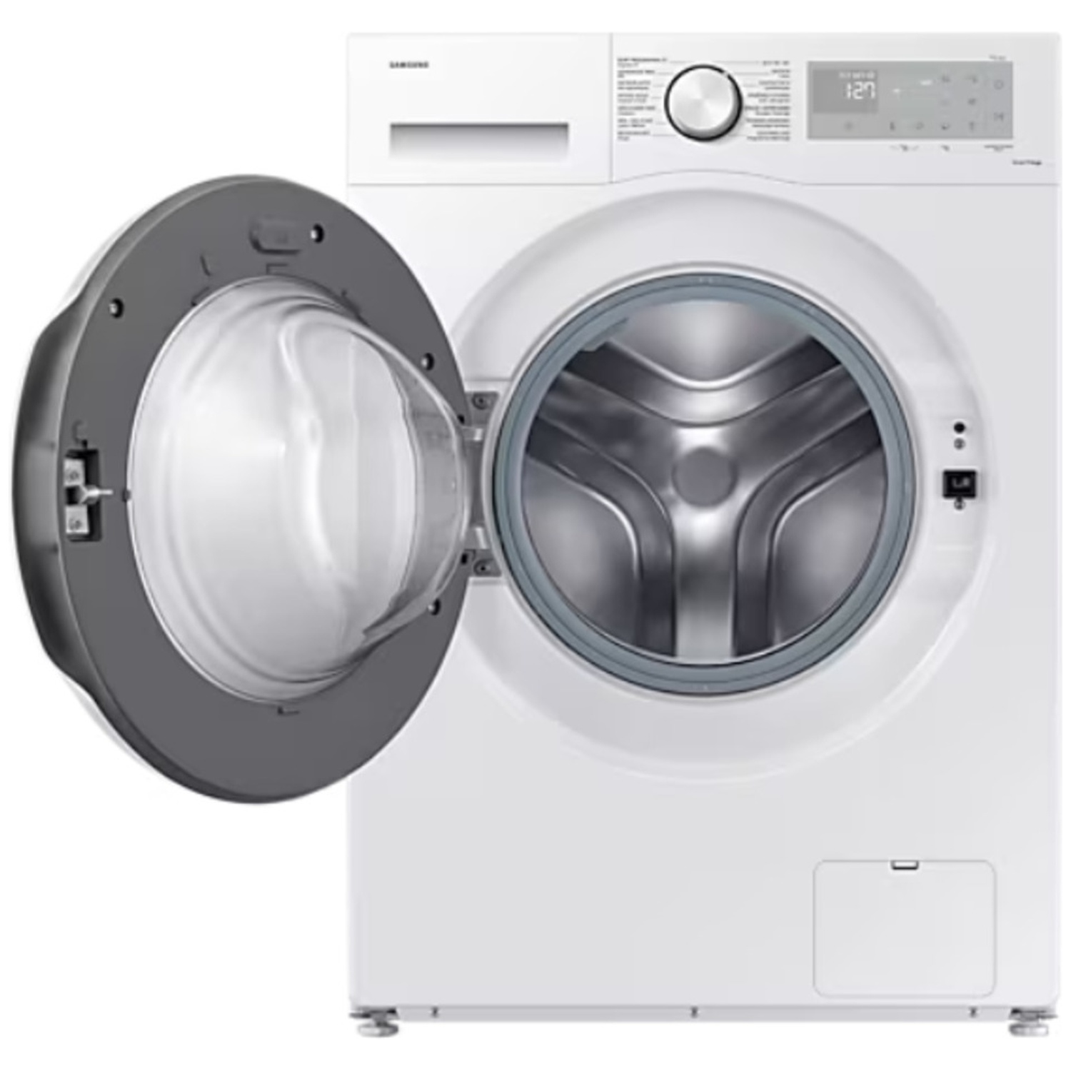 A white washing machine with its door open, revealing the shiny drum inside.