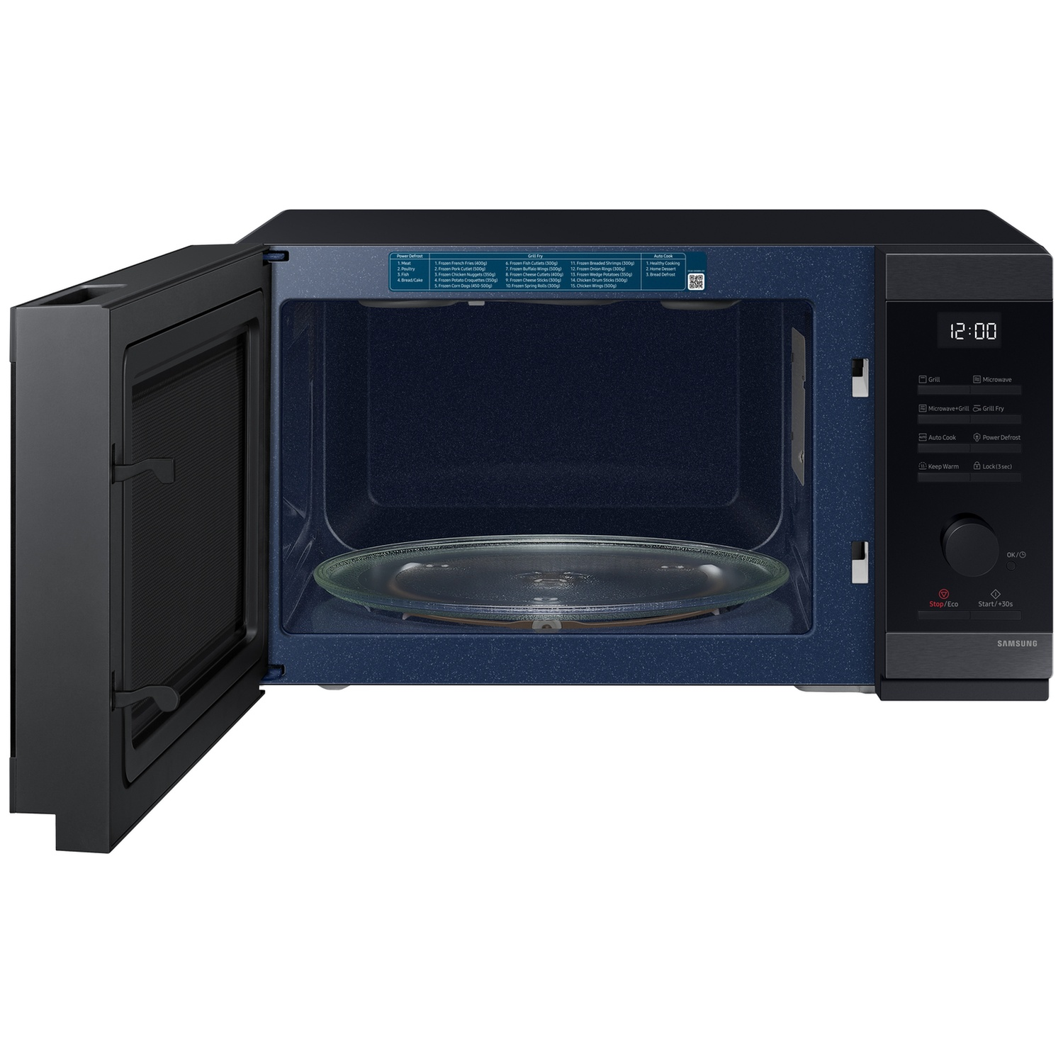 A black microwave with its door open, showing a blue interior, glass turntable, and digital control panel on the right.
