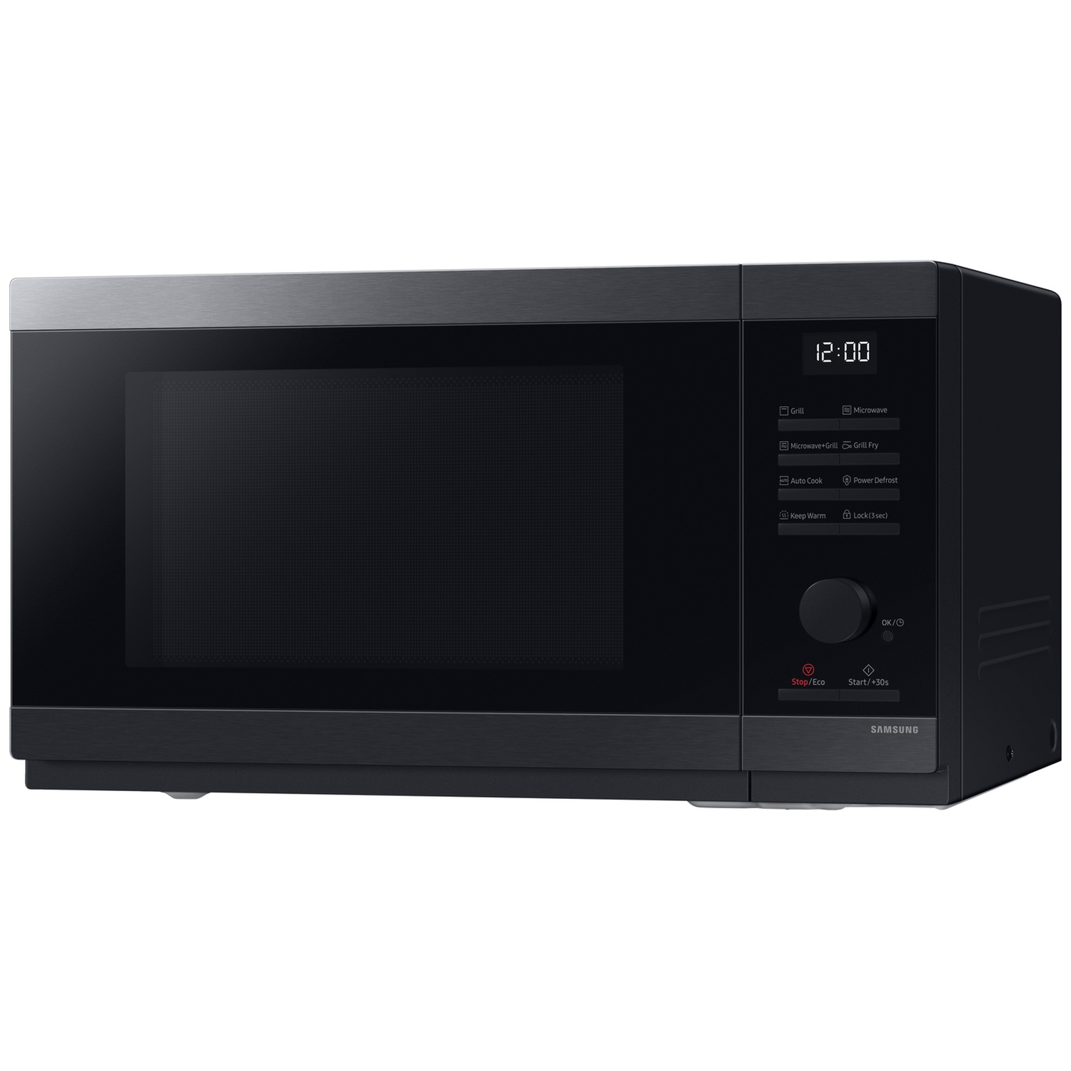 Black Samsung microwave with digital display, touch buttons, and rotary knob against a plain background.