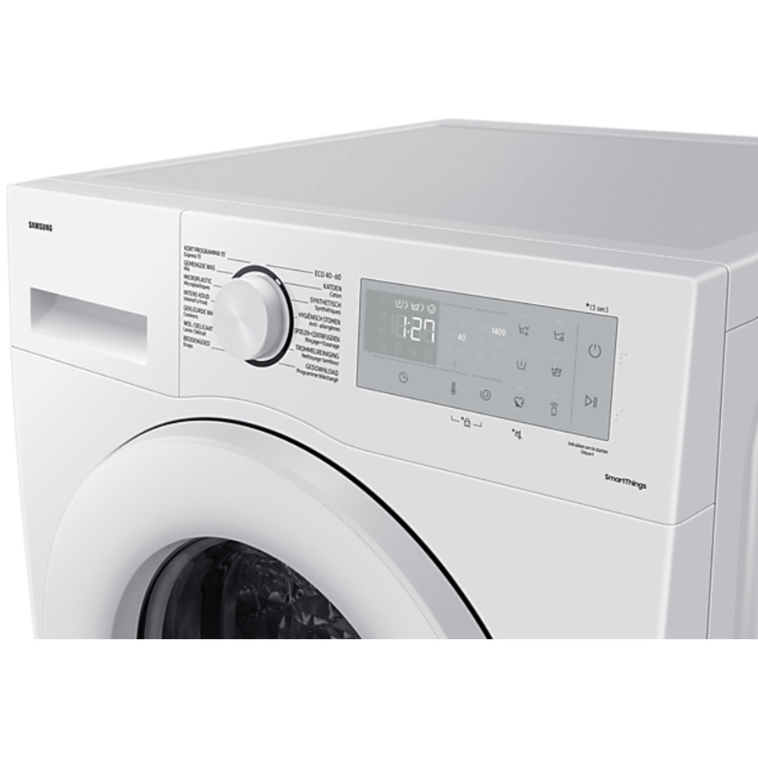 A white Samsung washing machine featuring a rotary dial, digital LED display, and program labels in Dutch.