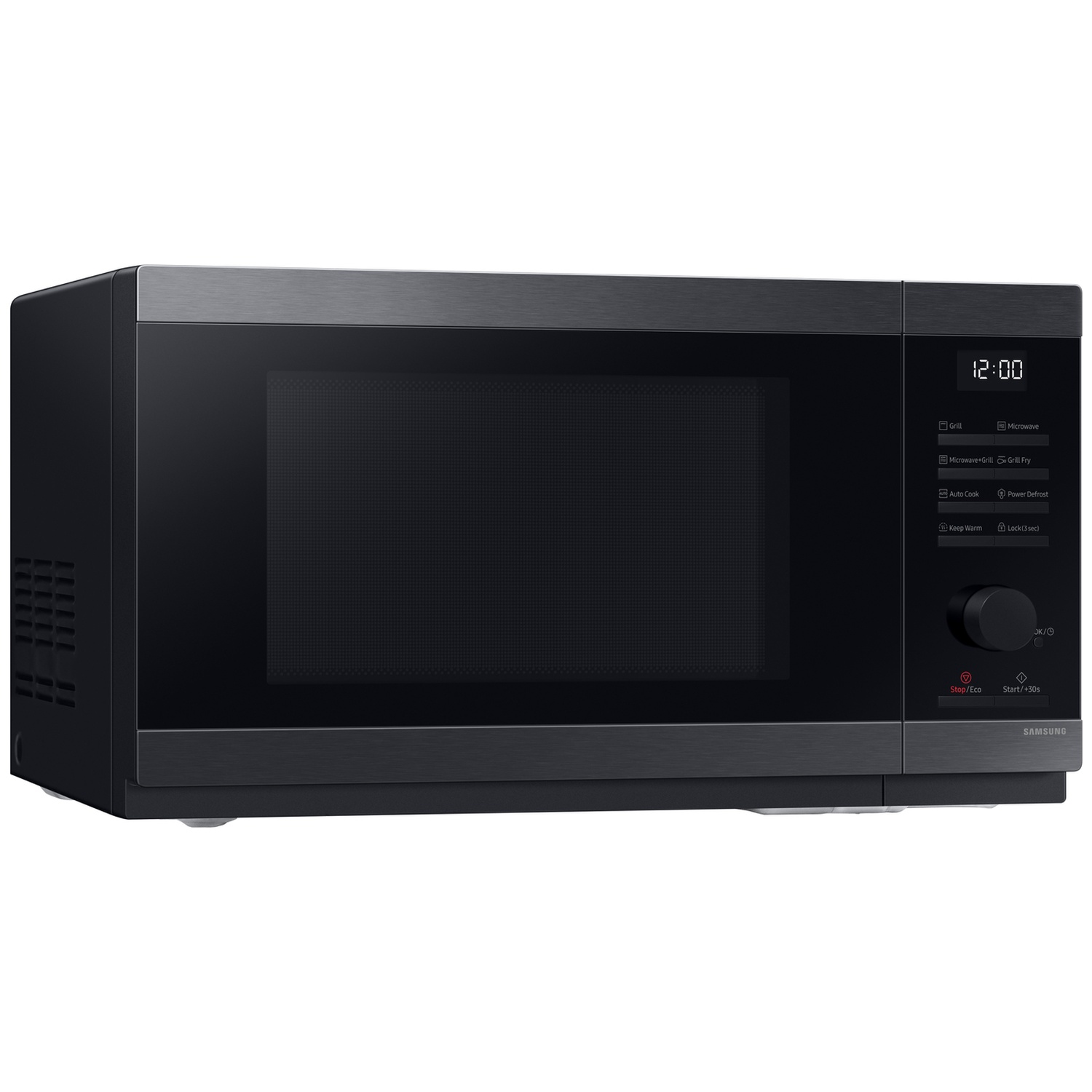 Modern black Samsung microwave with digital display and control knob on a white background.