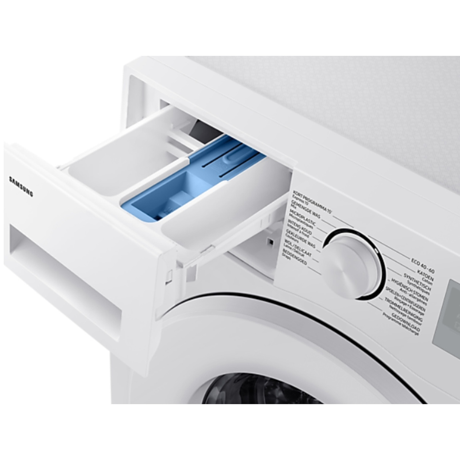 The open detergent drawer of a white washing machine shows a blue insert compartment.
