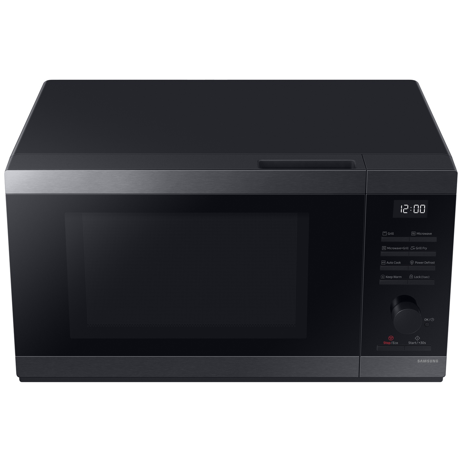Black Samsung microwave with a digital display and control knob on the right side.