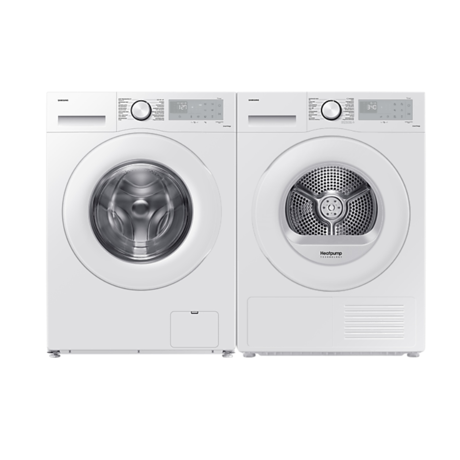 Two white Samsung appliances stand side by side: a washing machine on the left and a dryer on the right.