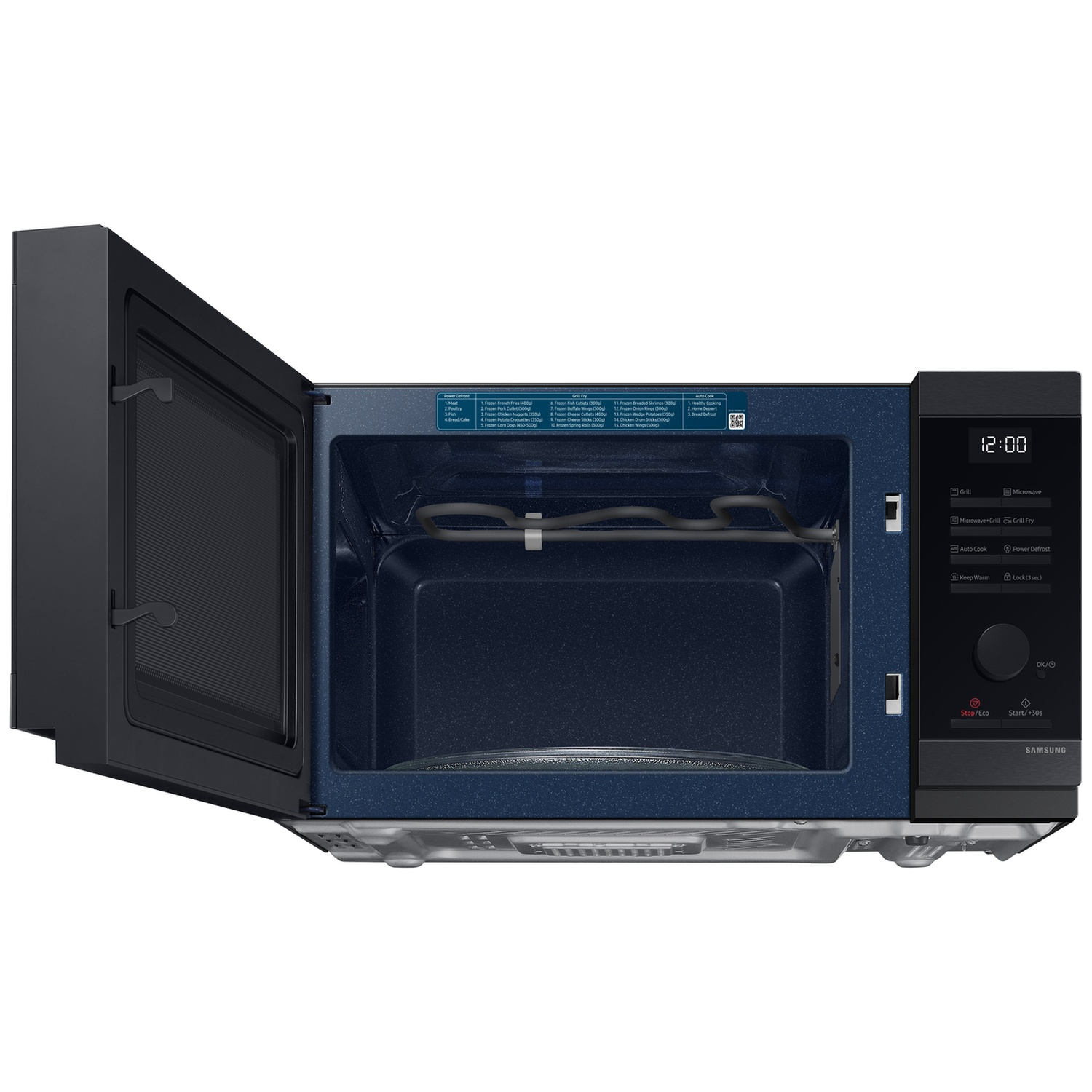 Black microwave with an open door, blue interior, digital display, and touch controls on the right.