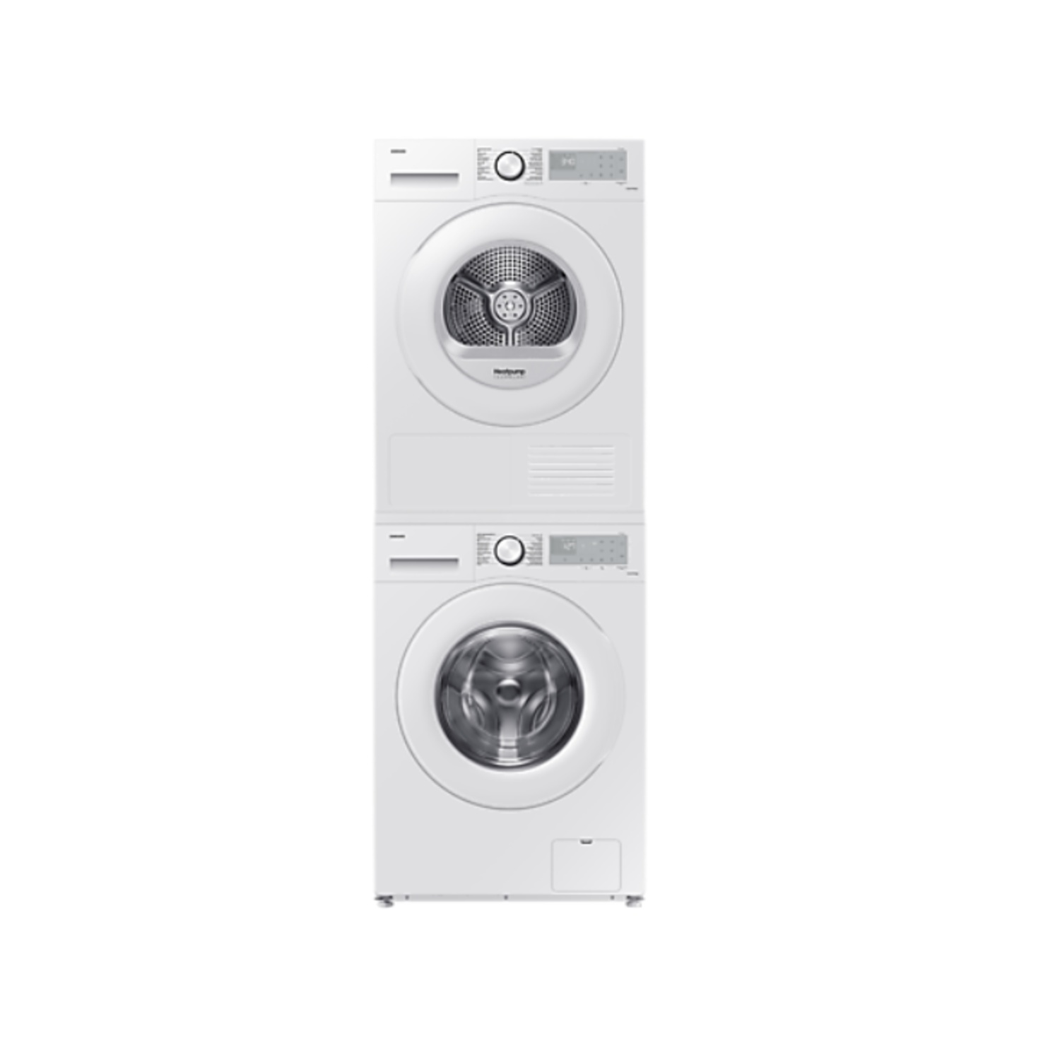 A white laundry tower with a dryer stacked on top of a washing machine against a white background.