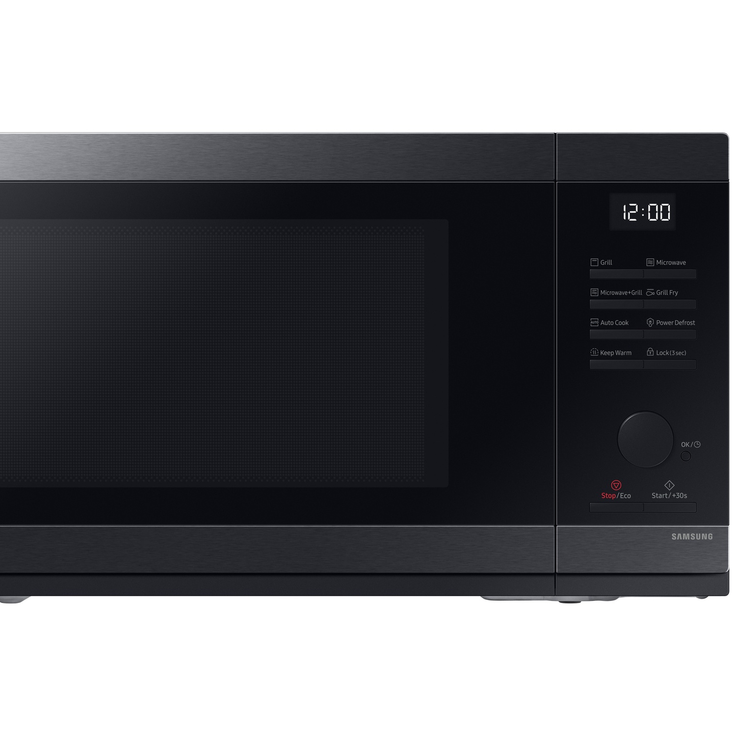 Black Samsung microwave with digital display and control panel.