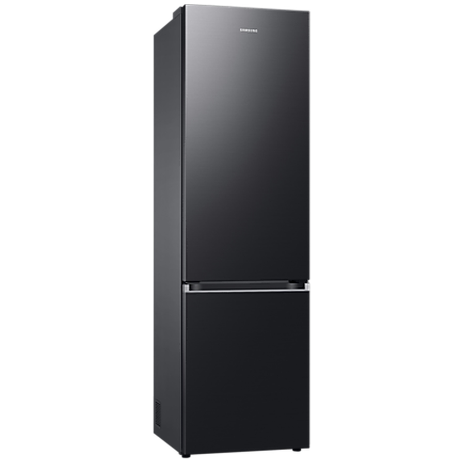 A sleek, black Samsung bottom-freezer refrigerator stands isolated against a white background.