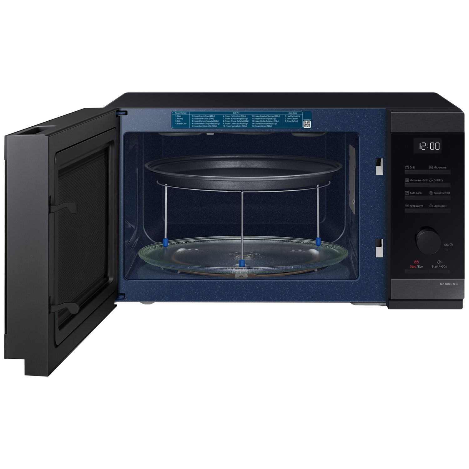 Black microwave with the door open, showing a lit interior, glass turntable, and a metal rack.