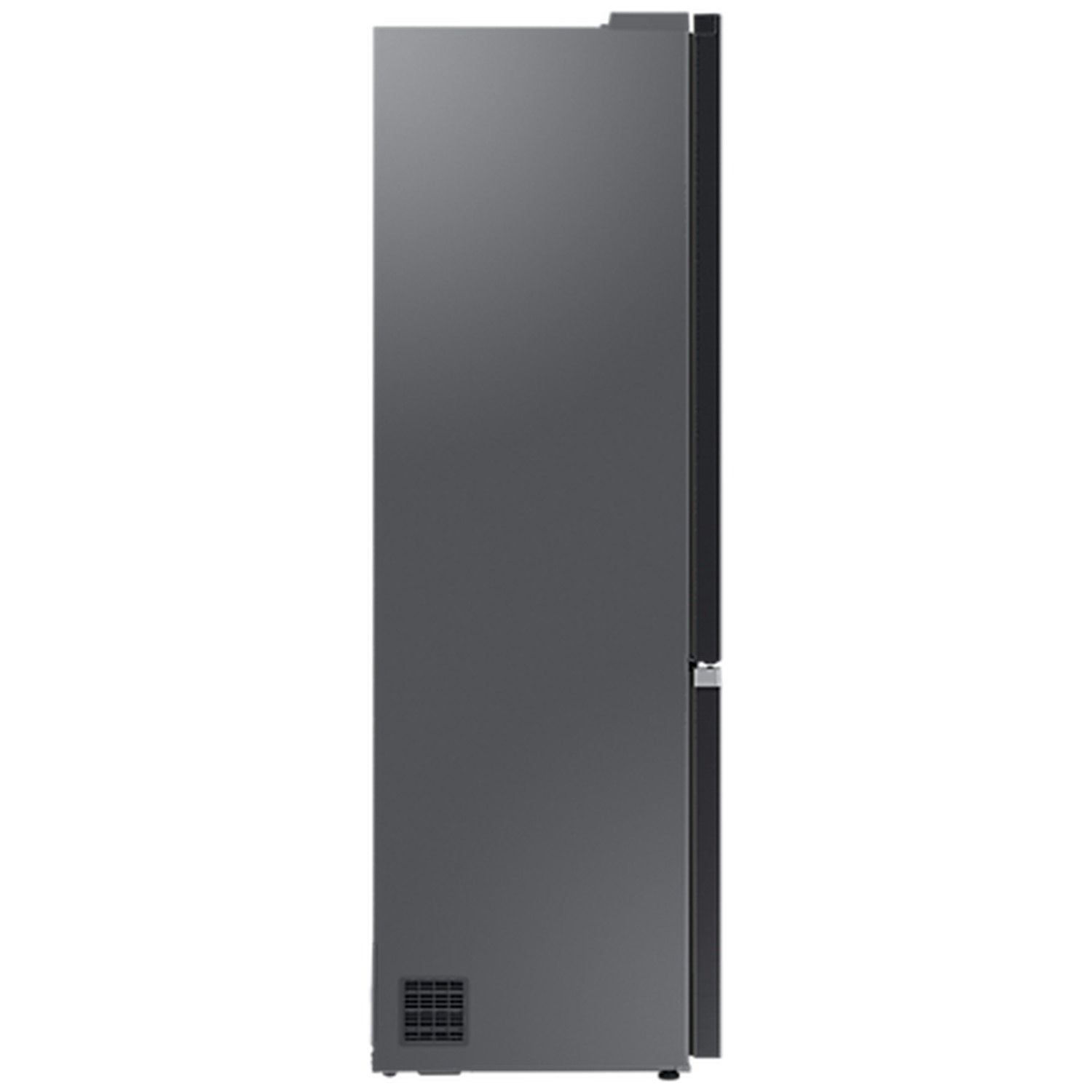 Side view of a modern gray refrigerator with a bottom ventilation grille.
