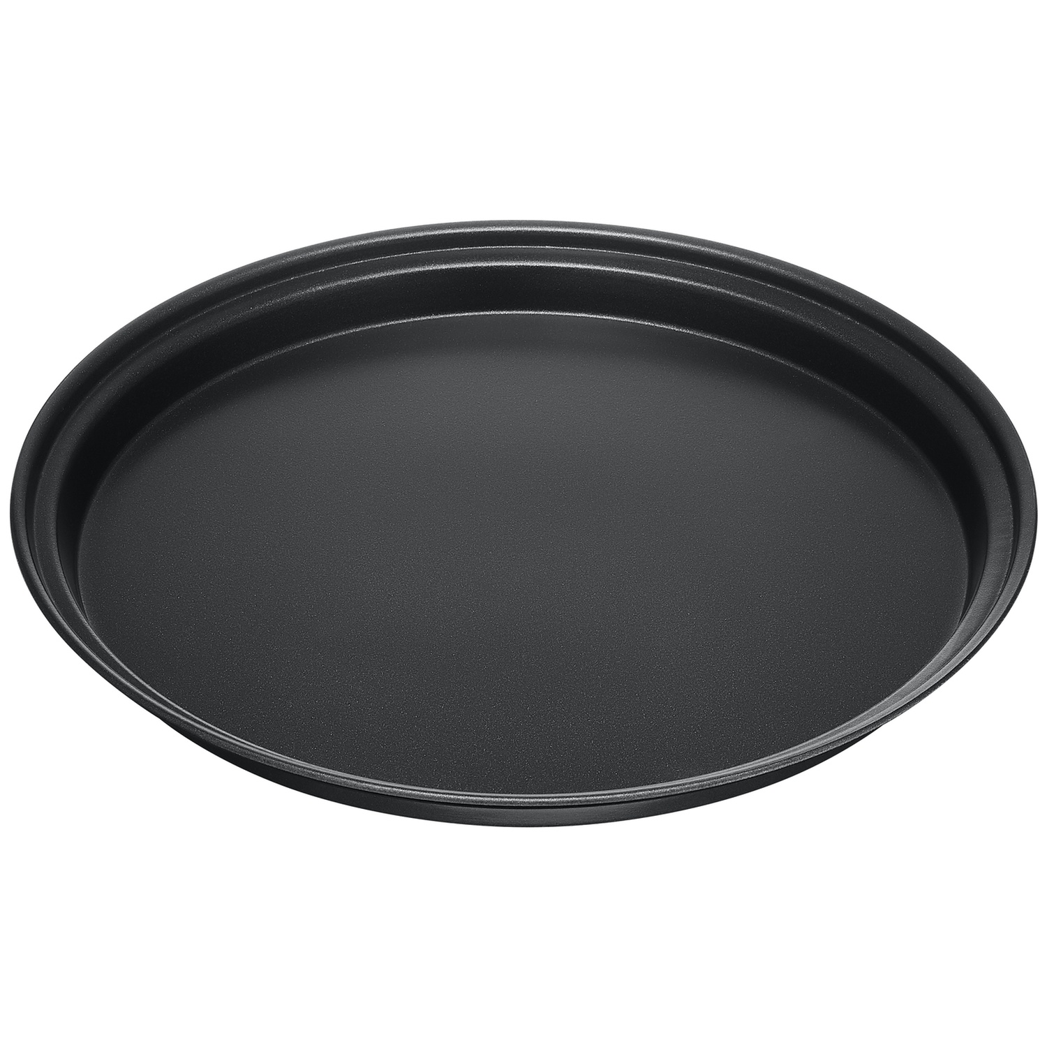 A round, black baking tray on a white background.