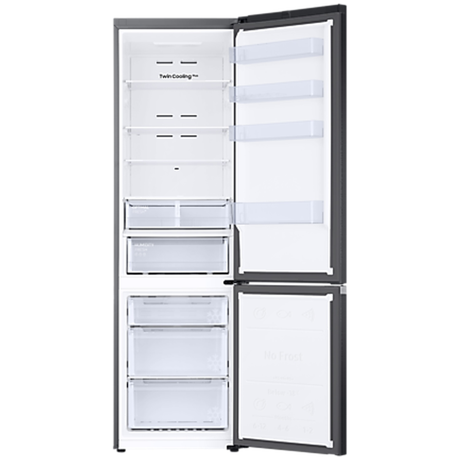 Gray refrigerator with open doors, glass shelves, and transparent drawers inside.