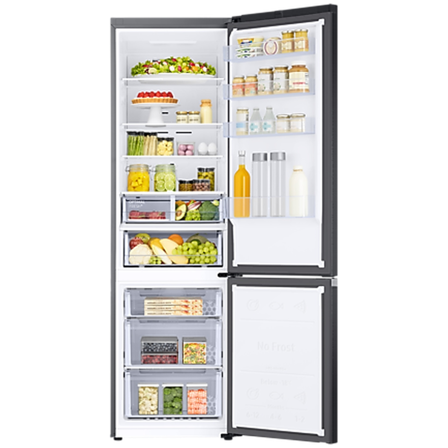 An open dark gray refrigerator filled with fresh food, vegetables, jars, and bottles on shelves and in door bins.