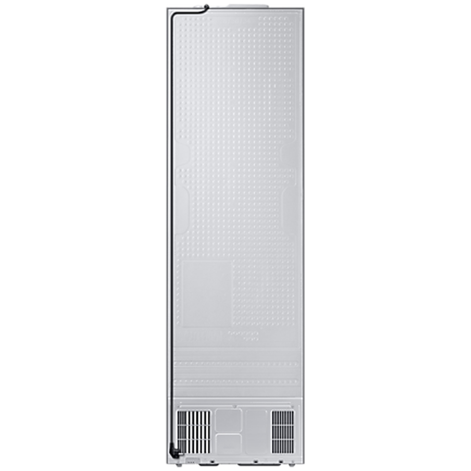 Back view of a silver refrigerator with a metallic mesh grid and a black power cord.