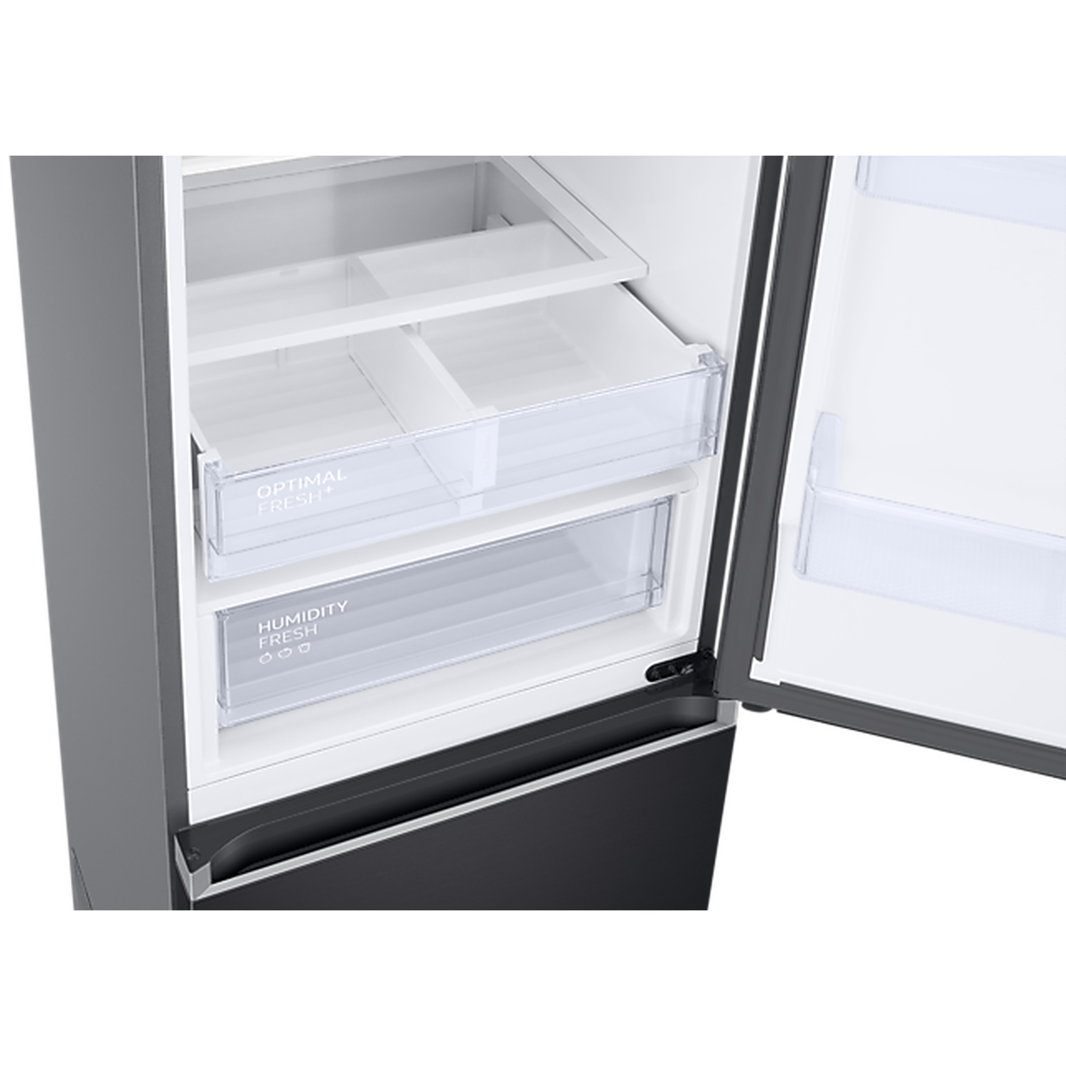 Open refrigerator interior showing Optimal Fresh+ and Humidity Fresh+ drawers.