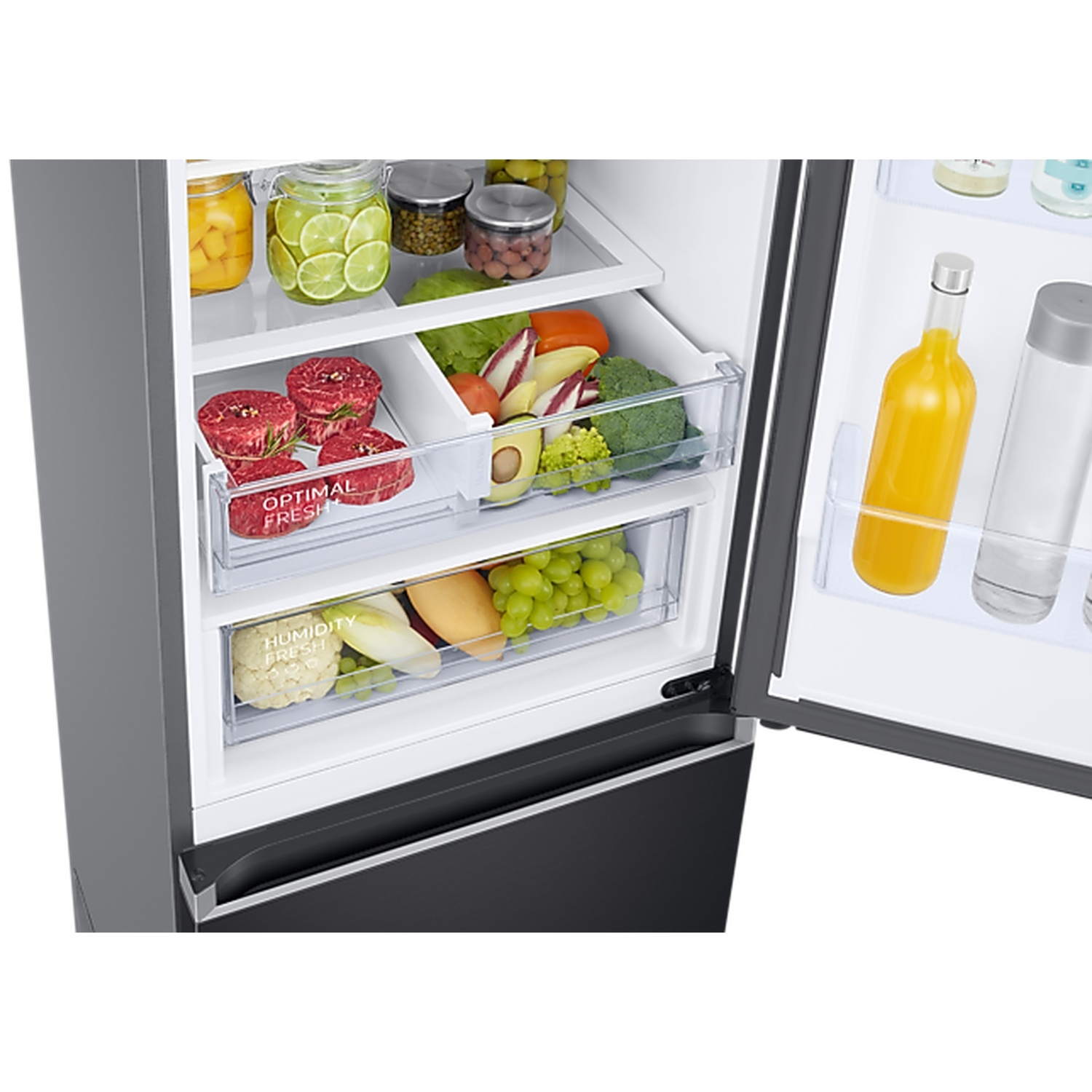An open refrigerator filled with fresh meat, vegetables, fruits, and bottled drinks on shelves and door racks.