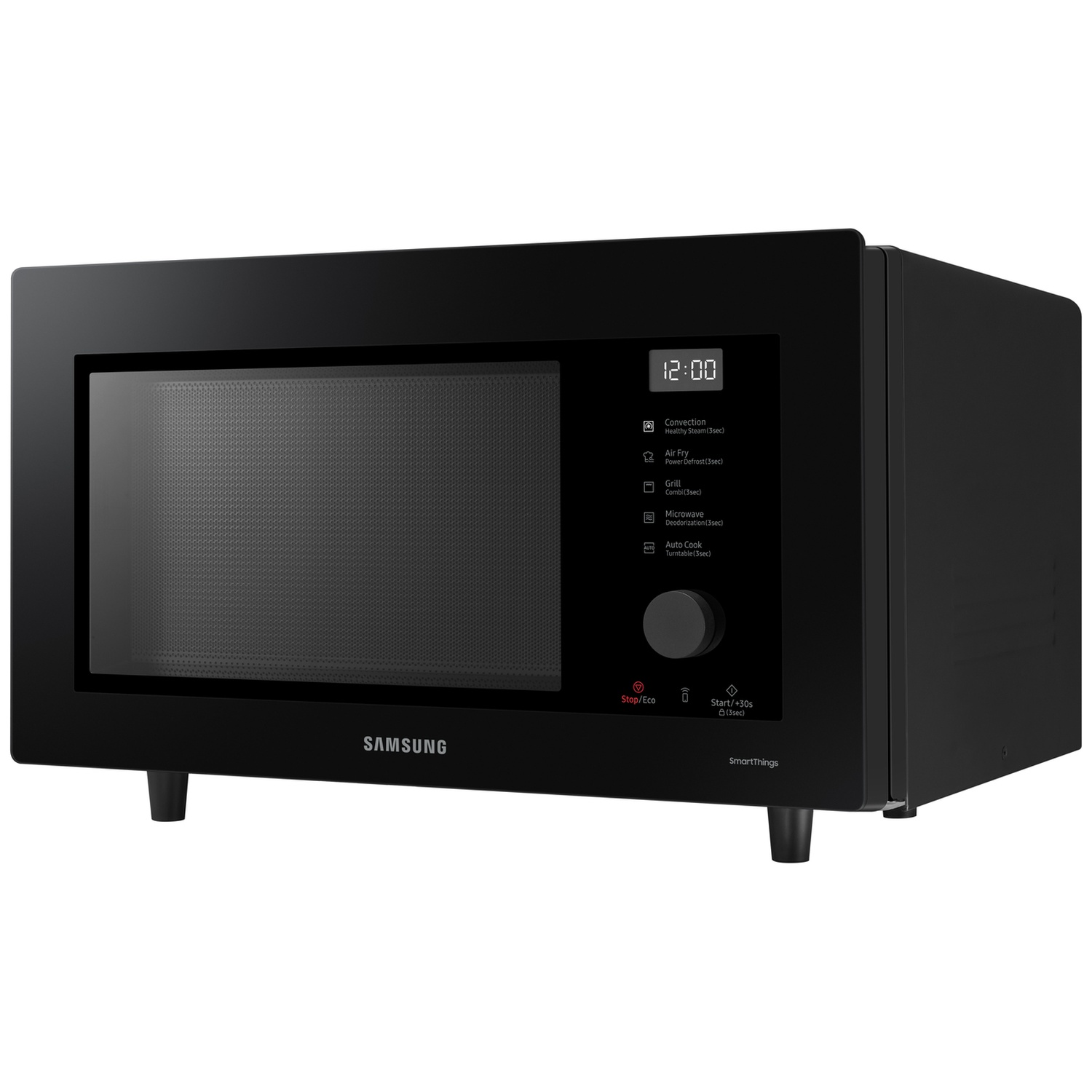 Zwarte Samsung-magnetron met digitaal display en draaiknop tegen een witte achtergrond.