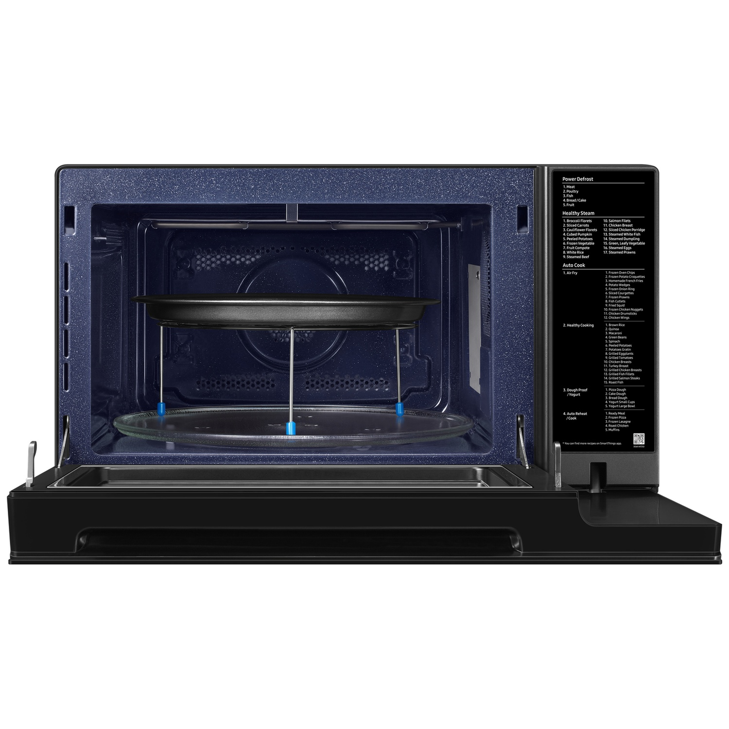 Binnenkant van een open zwarte magnetron met draaitafel, metalen rek en menupaneel aan de rechterkant.