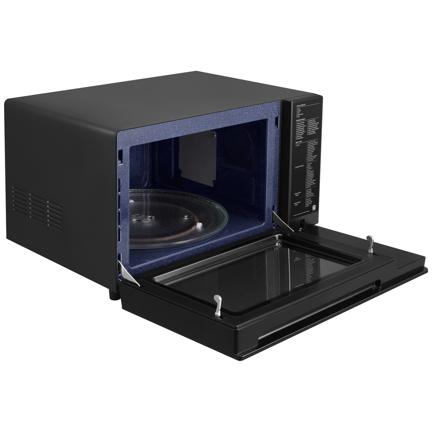 Zwarte magnetron met open deur en blauw interieur op een witte achtergrond.