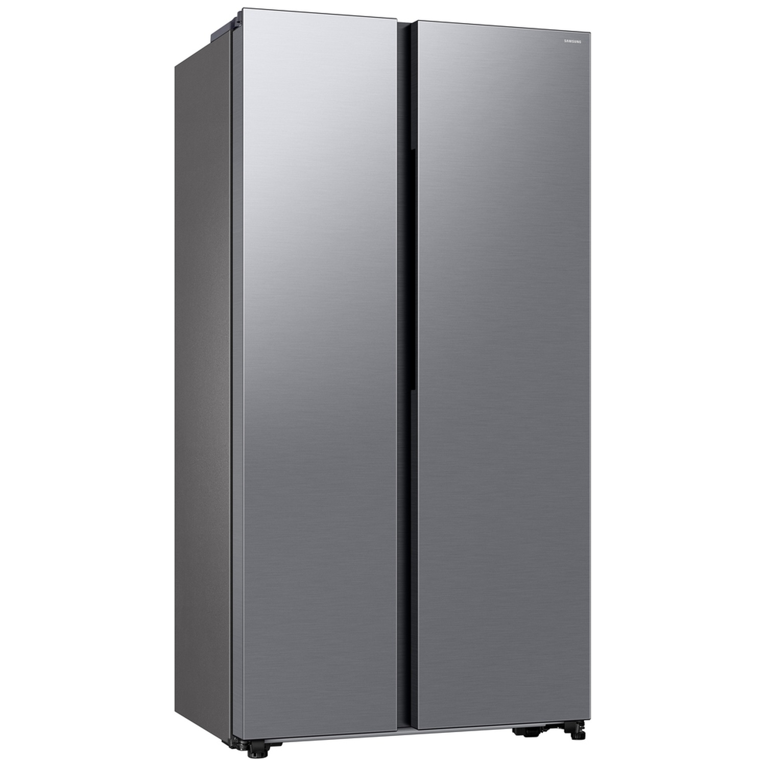 A silver side-by-side refrigerator with a glossy metal finish on a white background.