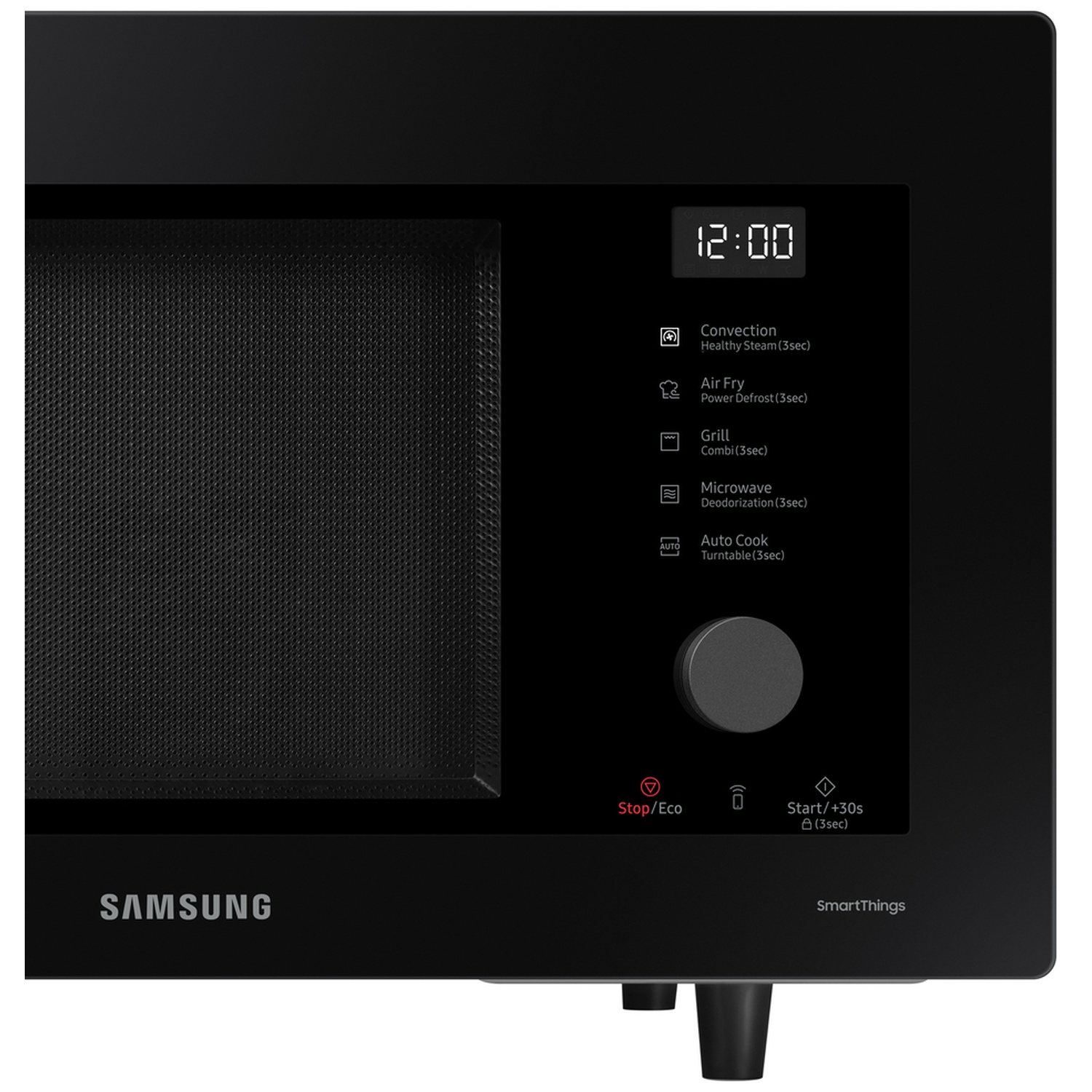 Vooraanzicht van een zwarte Samsung-magnetron met digitaal display, touch-bediening en draaiknop.