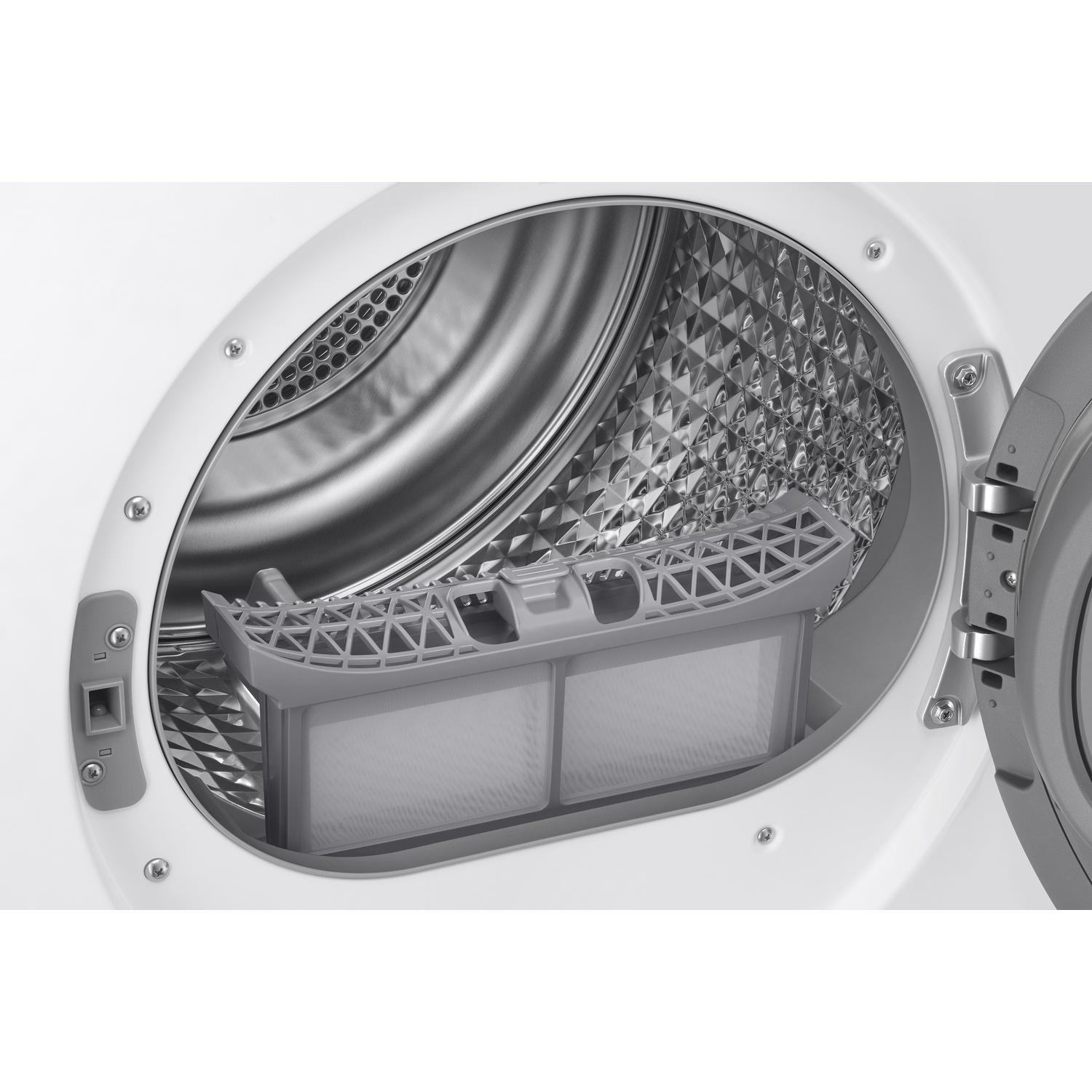 Inside view of a white tumble dryer showing its stainless steel drum and a removable grey lint filter at the bottom.