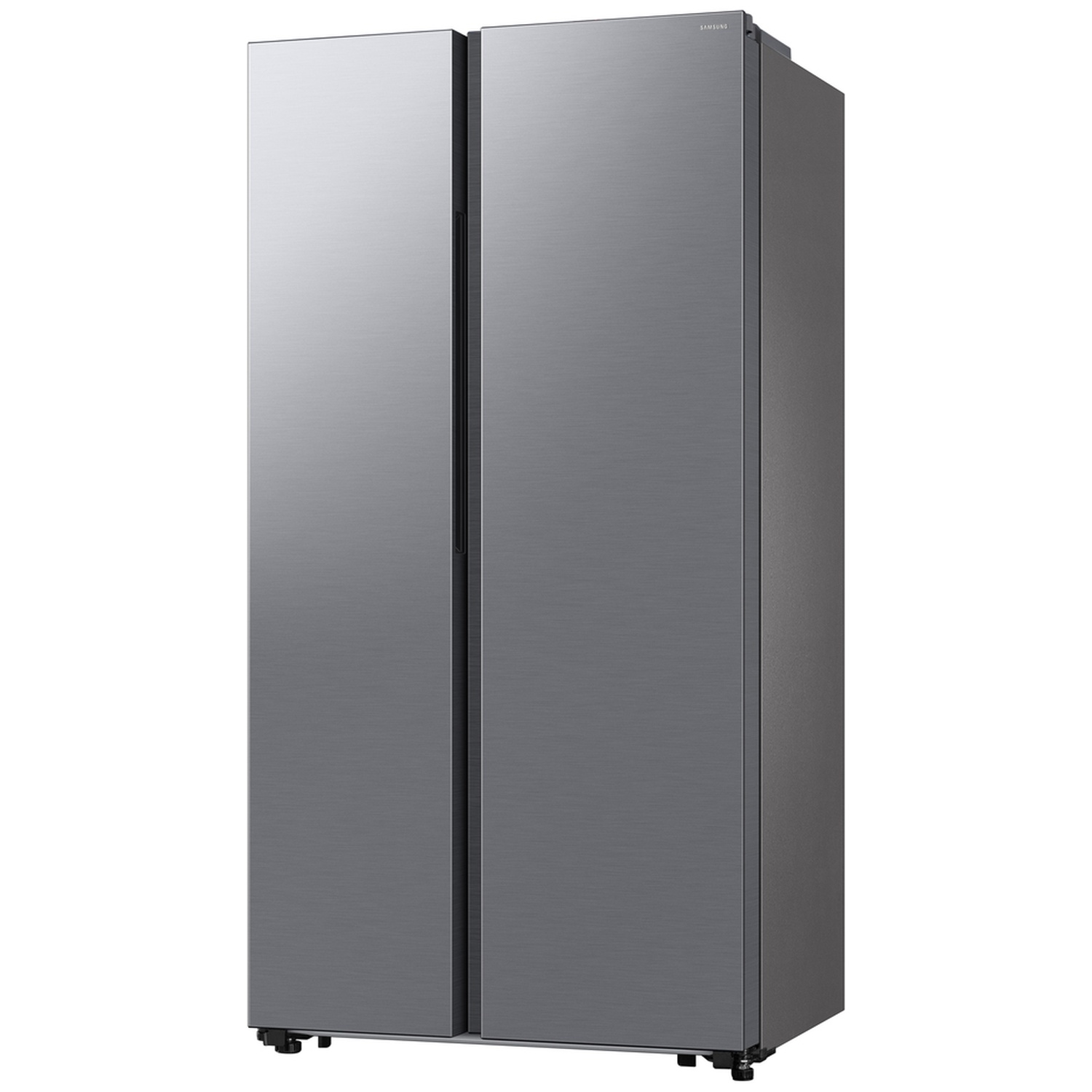 A silver side-by-side refrigerator with two doors and vertical handles against a white background.
