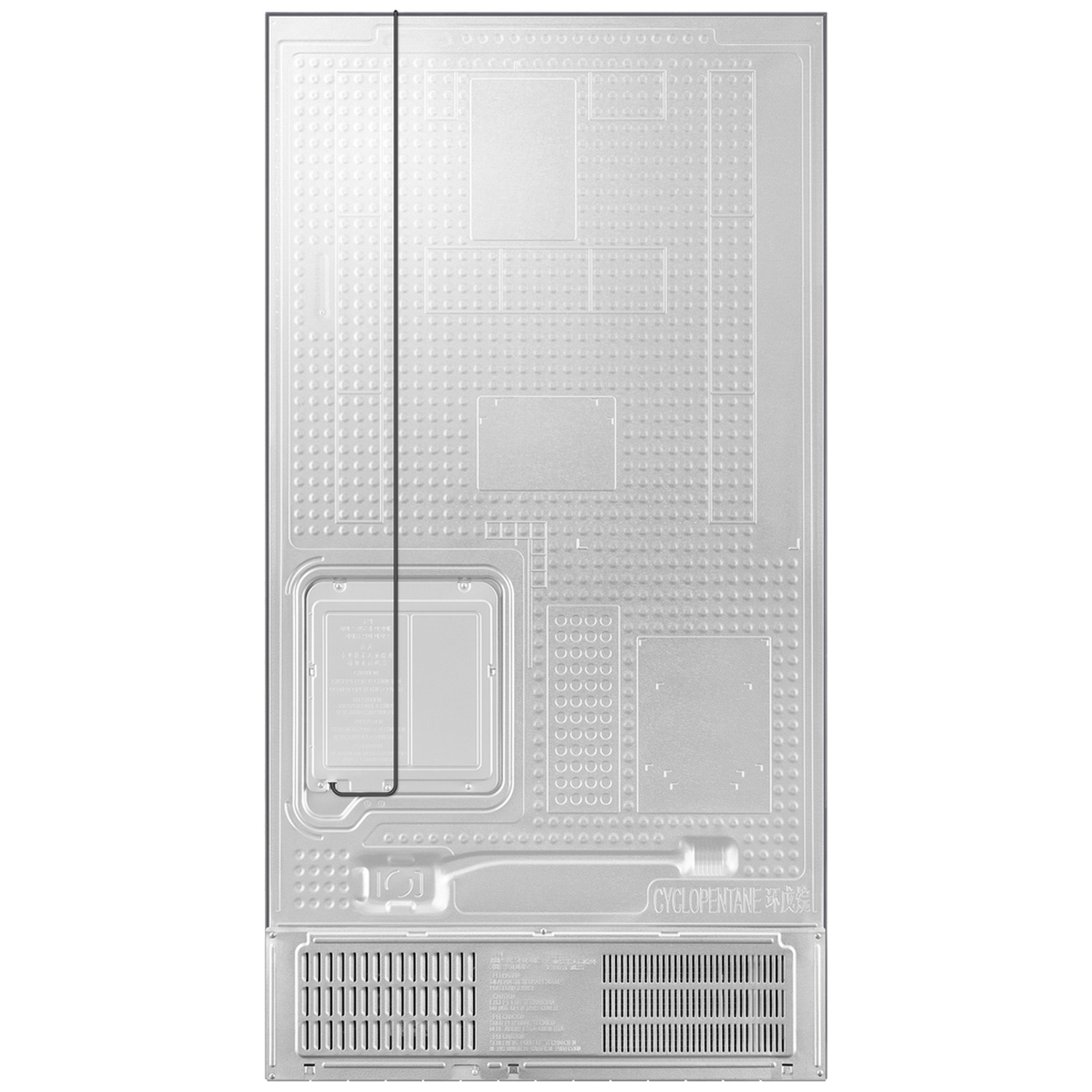 The back of a silver refrigerator with a compressor and ventilation grilles.