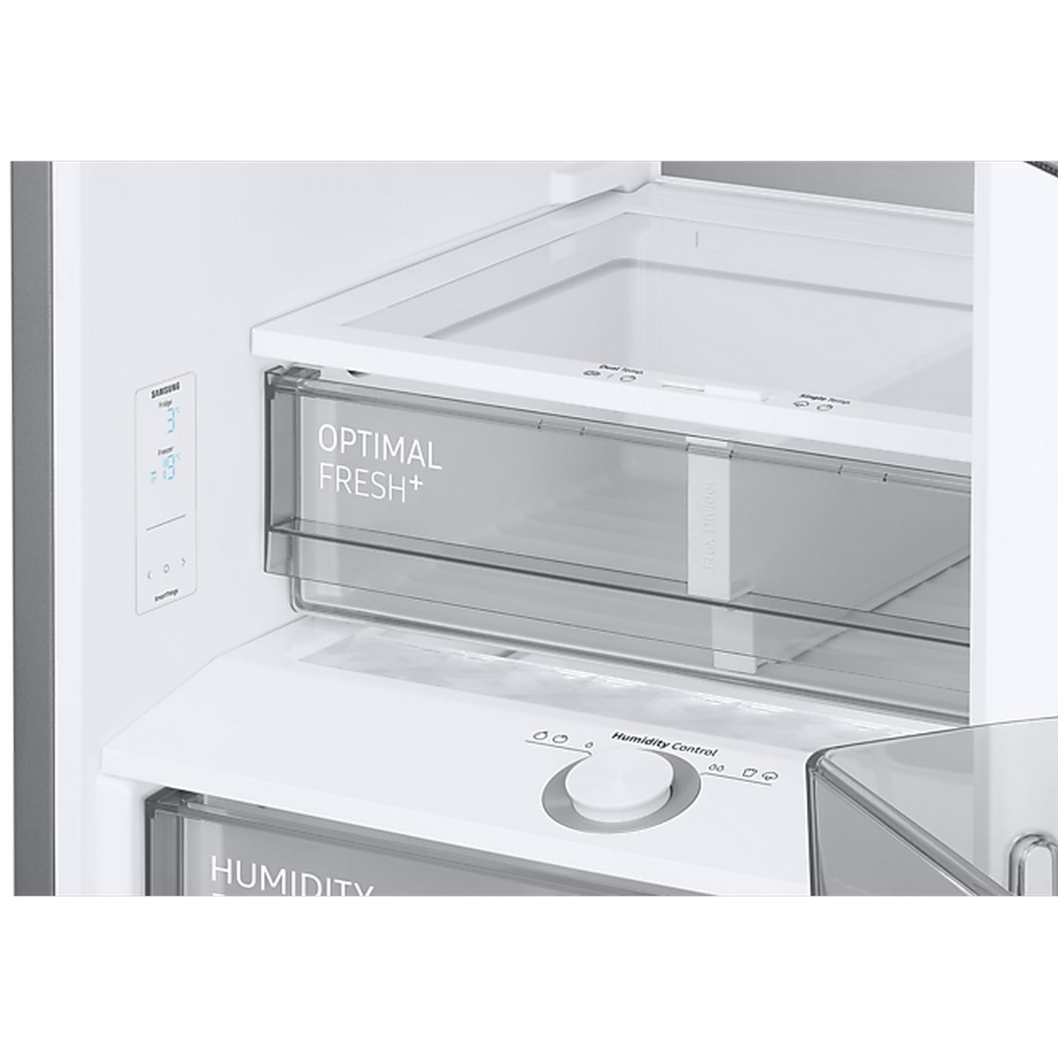 Vue intérieure d'un réfrigérateur moderne, montrant le bac Optimal Fresh+, un panneau de commande et le contrôle d'humidité.