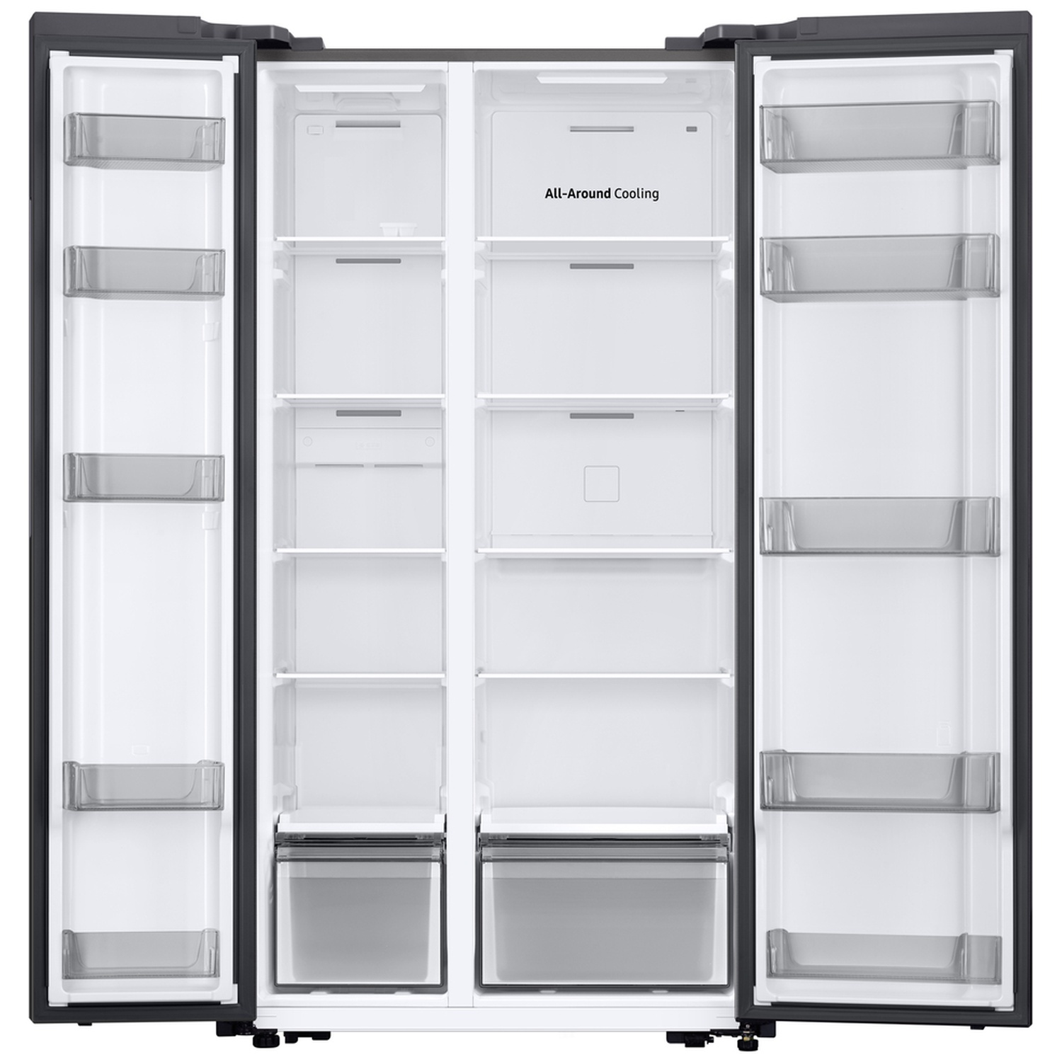 Open black side-by-side refrigerator with empty white shelves and door bins.