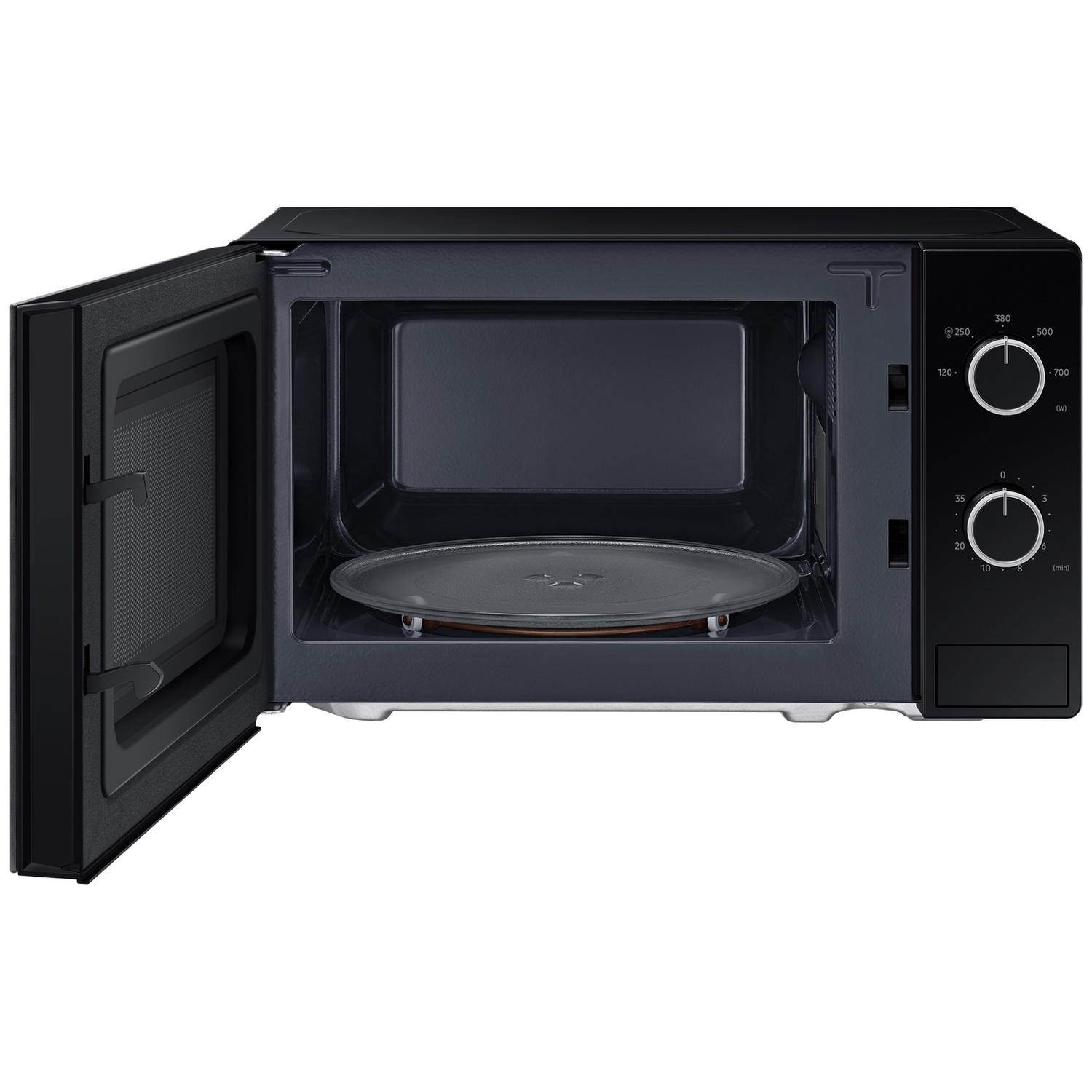 Black microwave with an open door and two rotary knobs on the right side.