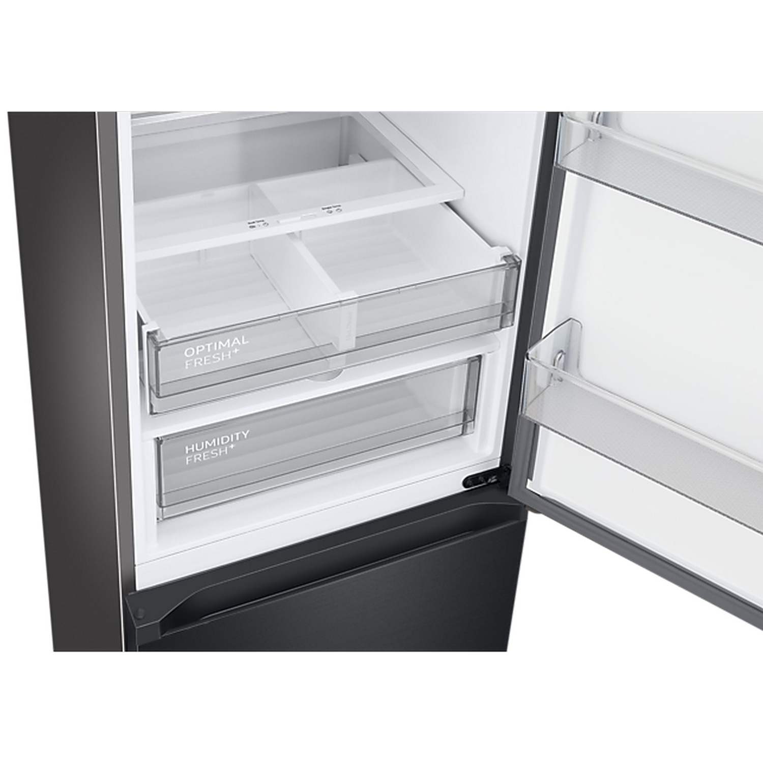 Intérieur de réfrigérateur ouvert avec tiroirs Optimal Fresh+ et Humidity Fresh+ et balconnets.