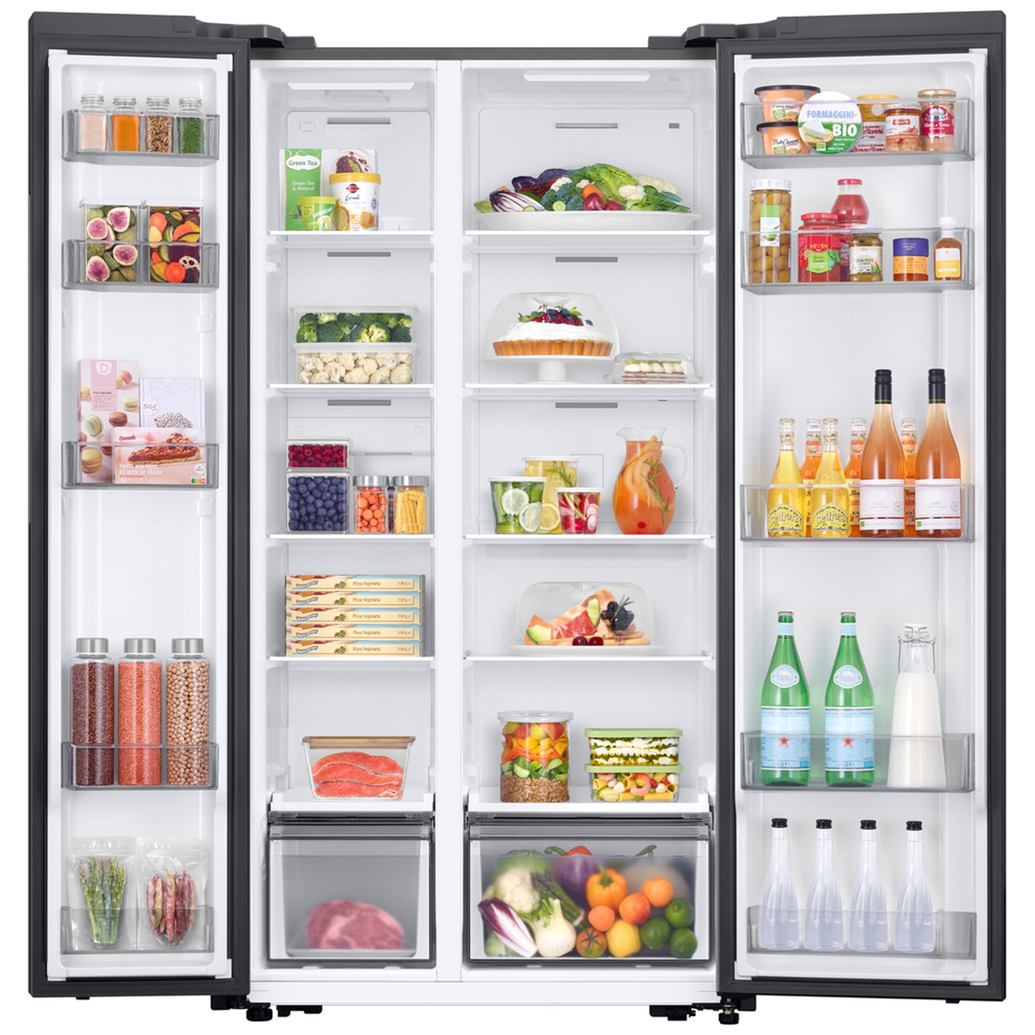 An open multi-door refrigerator filled with neatly organized food items, beverages, produce, and jars.