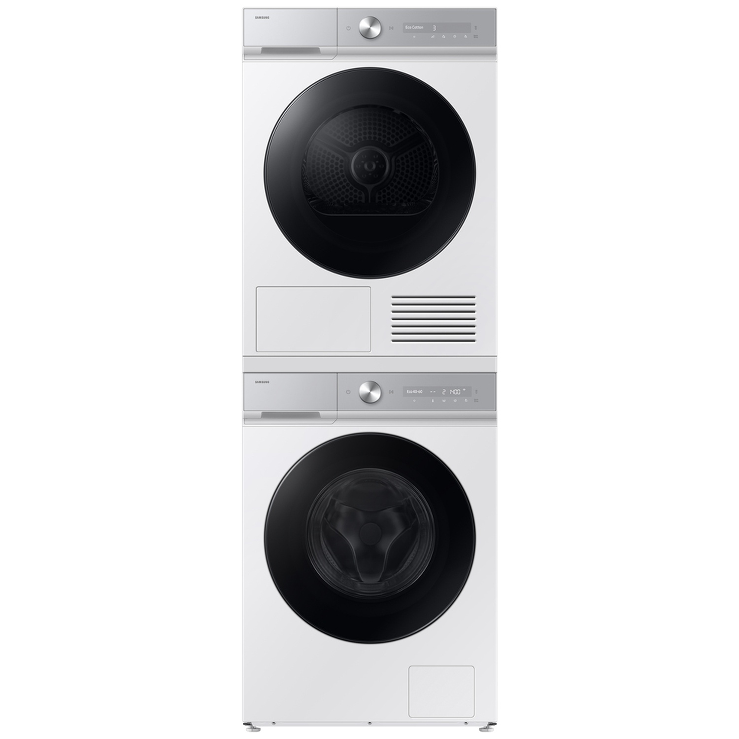 A white laundry tower with a stacked washing machine and dryer against a white background.