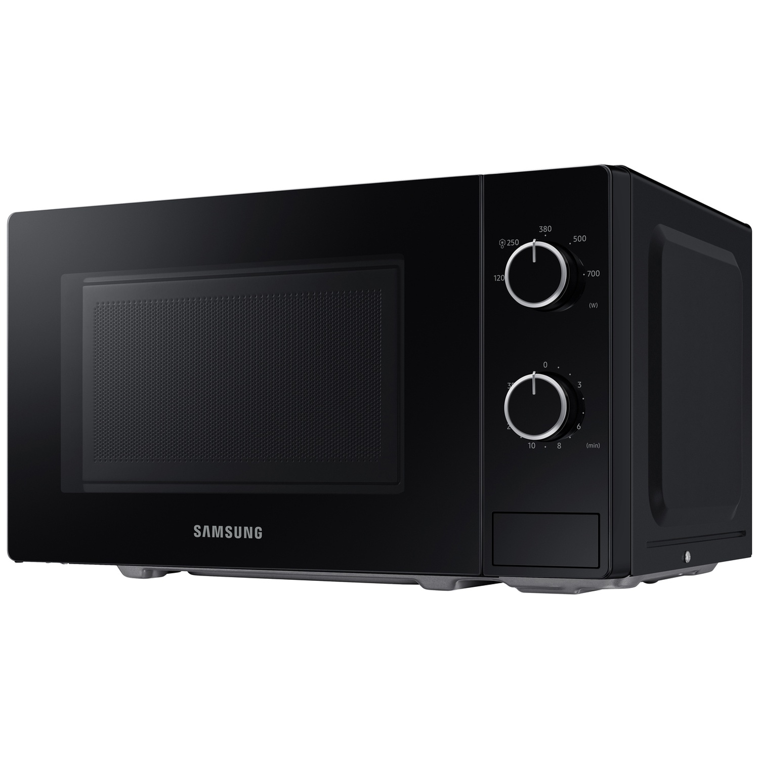 Black Samsung microwave with rotary dials and brand logo.