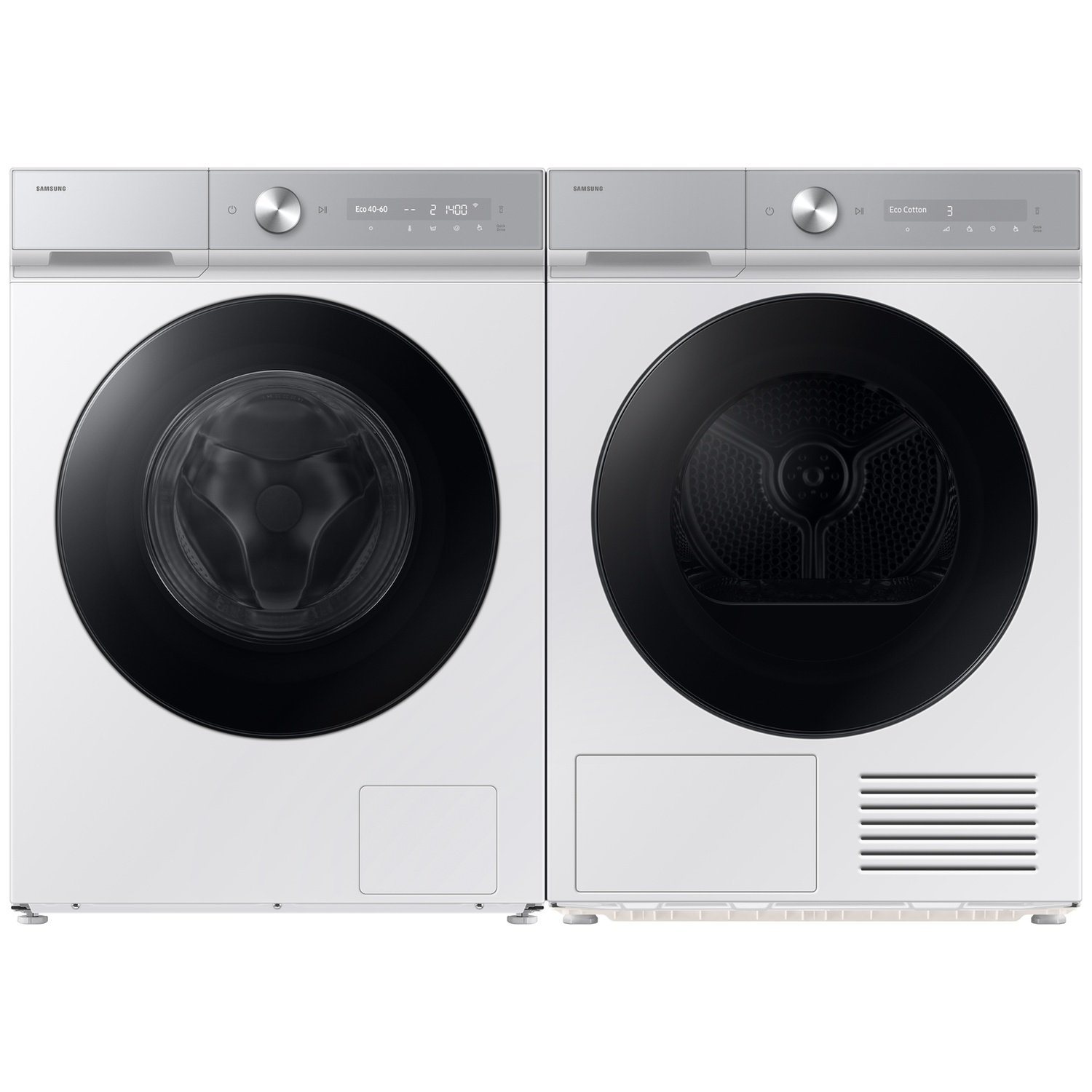 A white washing machine and a matching dryer with silver control panels and black glass doors side by side.