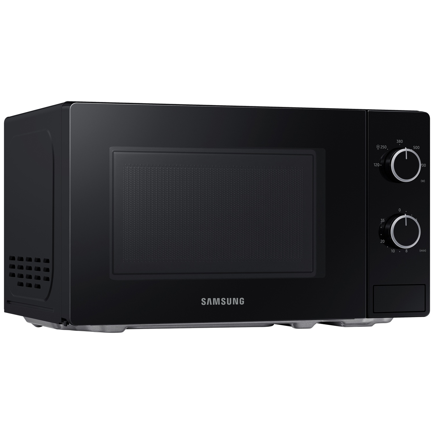 A black Samsung microwave with two silver rotary knobs on the right side against a white background.