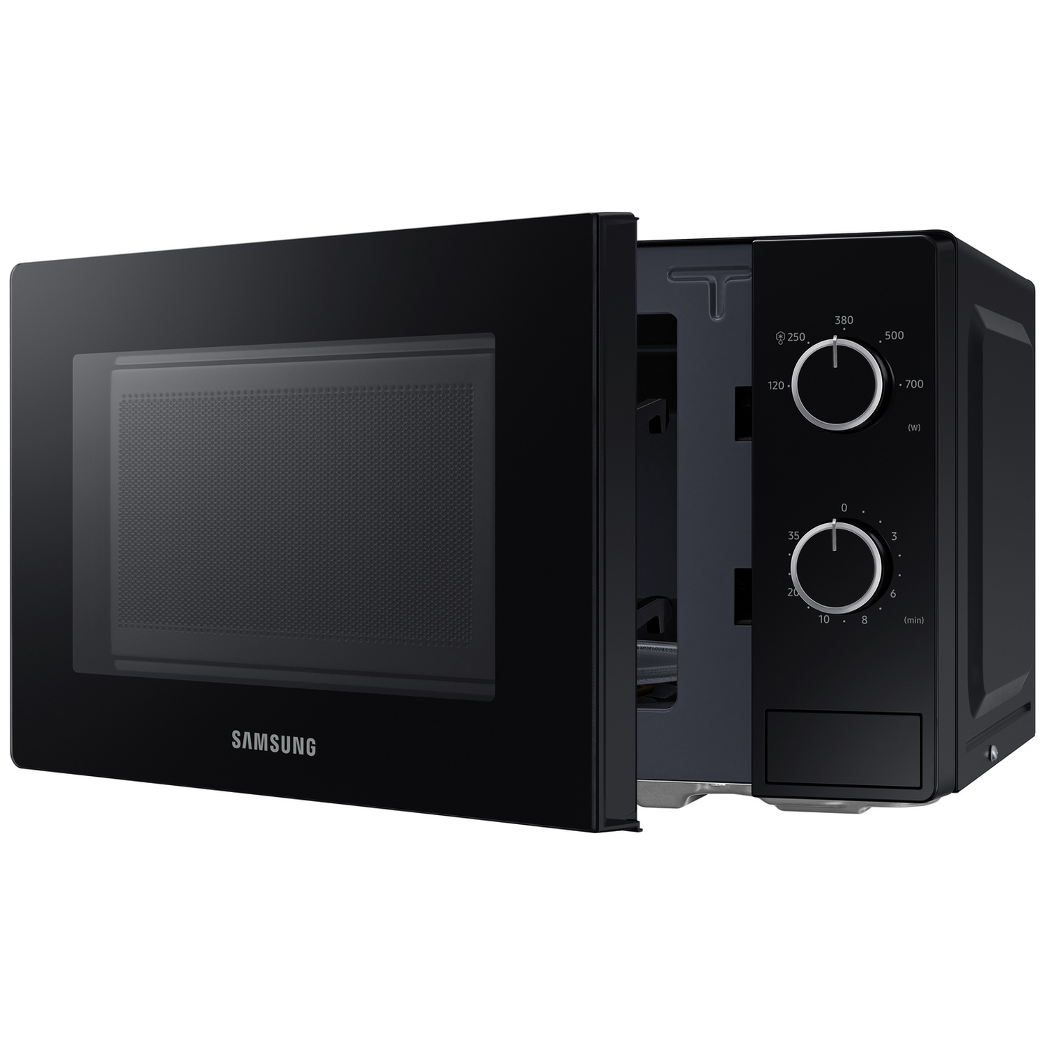 A black Samsung microwave oven with its door open, featuring two control dials on the right side.