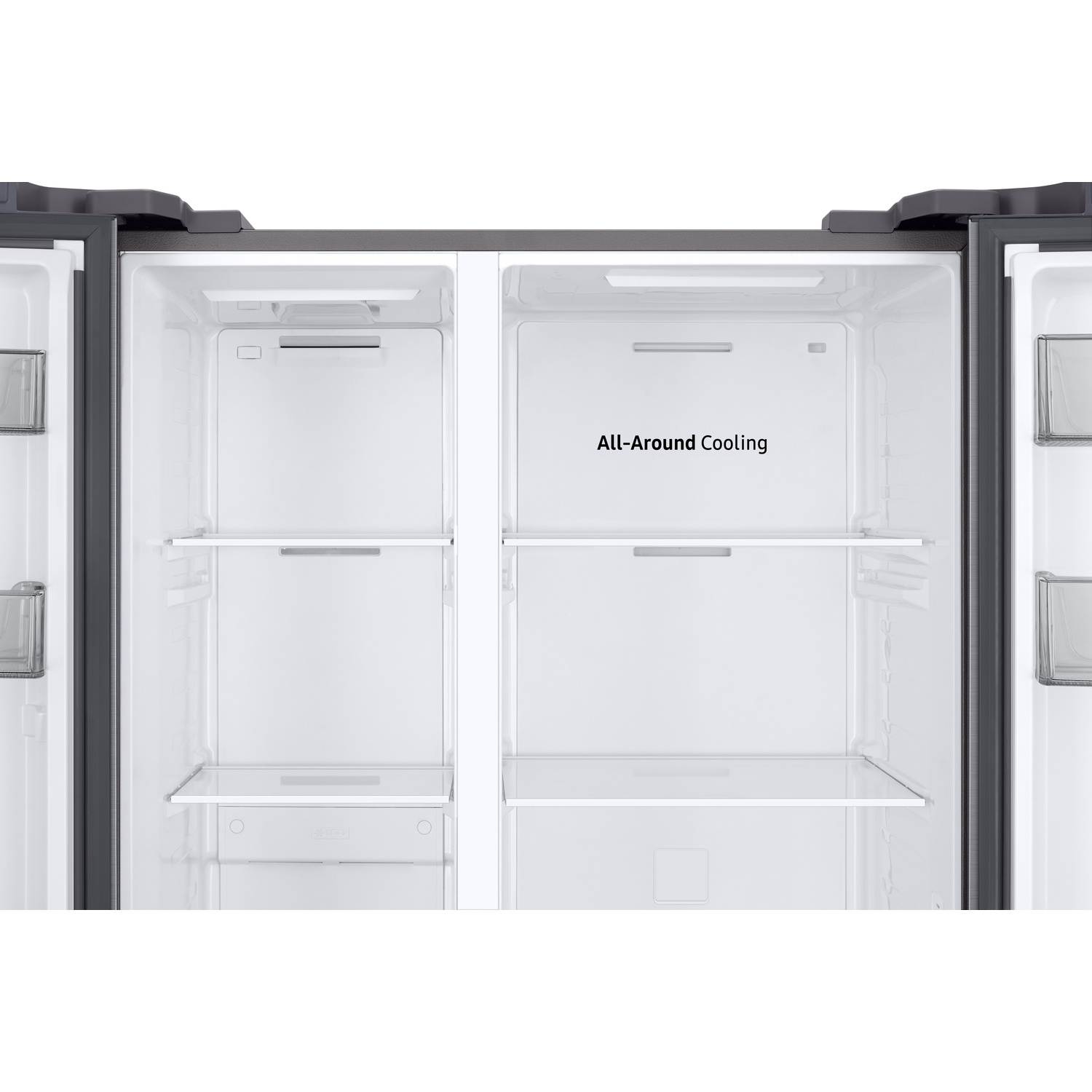 Open refrigerator with empty shelves, white interior, and All-Around Cooling text.