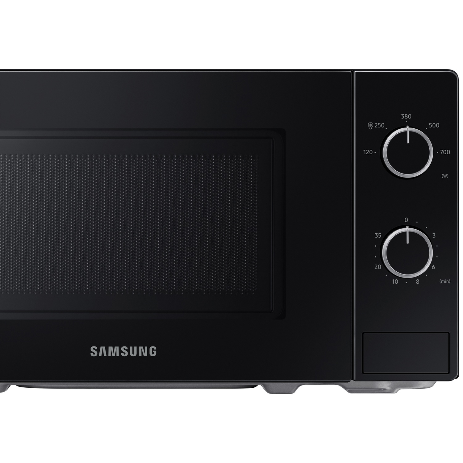 Black Samsung microwave with two rotary knobs and a door on the right.