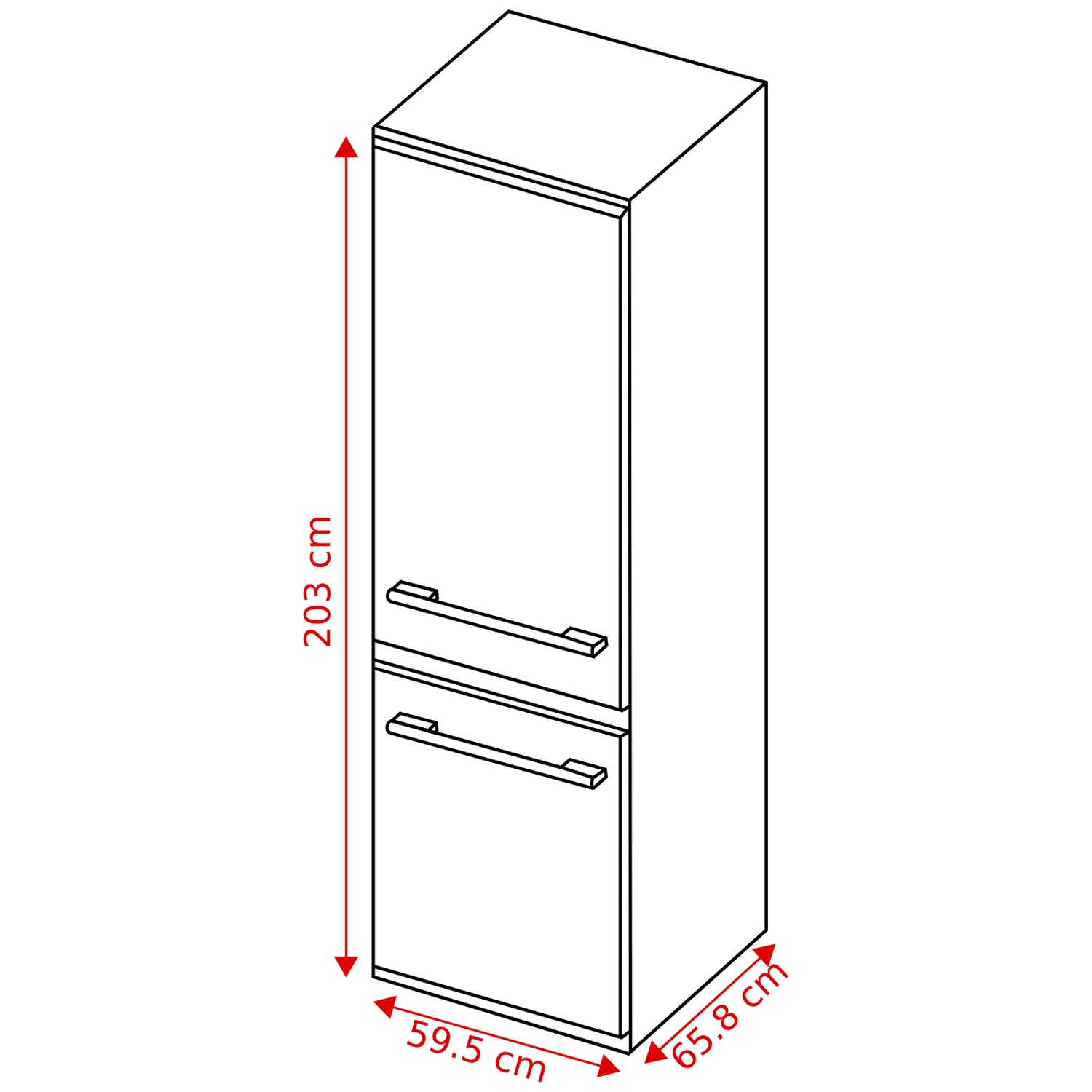 Dessin au trait d'un réfrigérateur avec dimensions en cm : hauteur 203, largeur 59,5, profondeur 65,8.