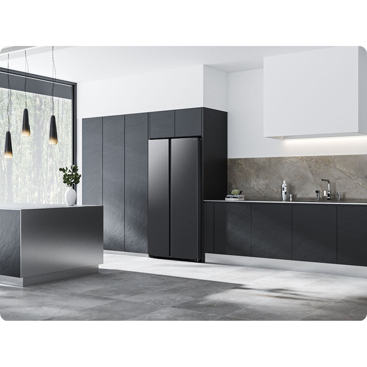 Modern kitchen featuring a black refrigerator, dark cabinets, gray tile floor, and pendant lights.