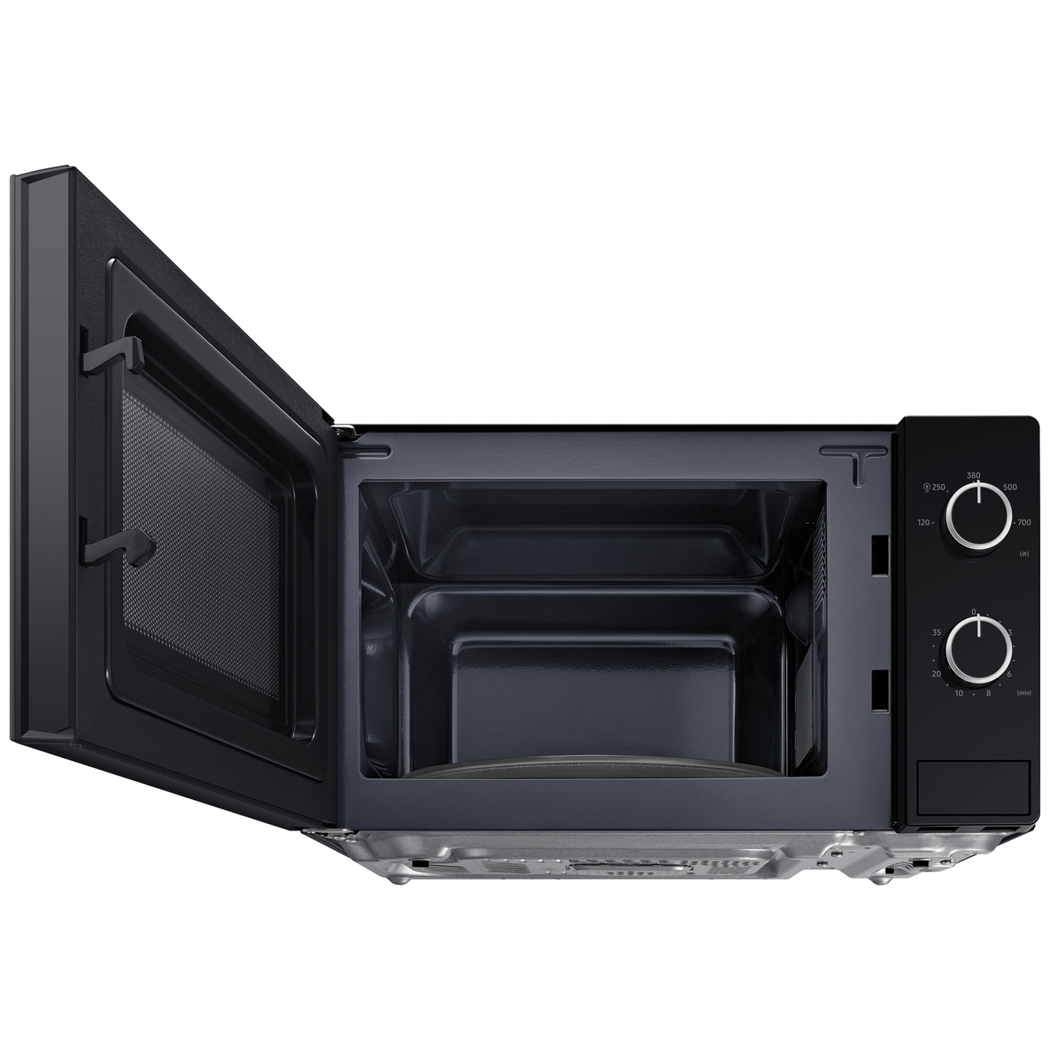 A black microwave oven with its door open and two control knobs on the right side.
