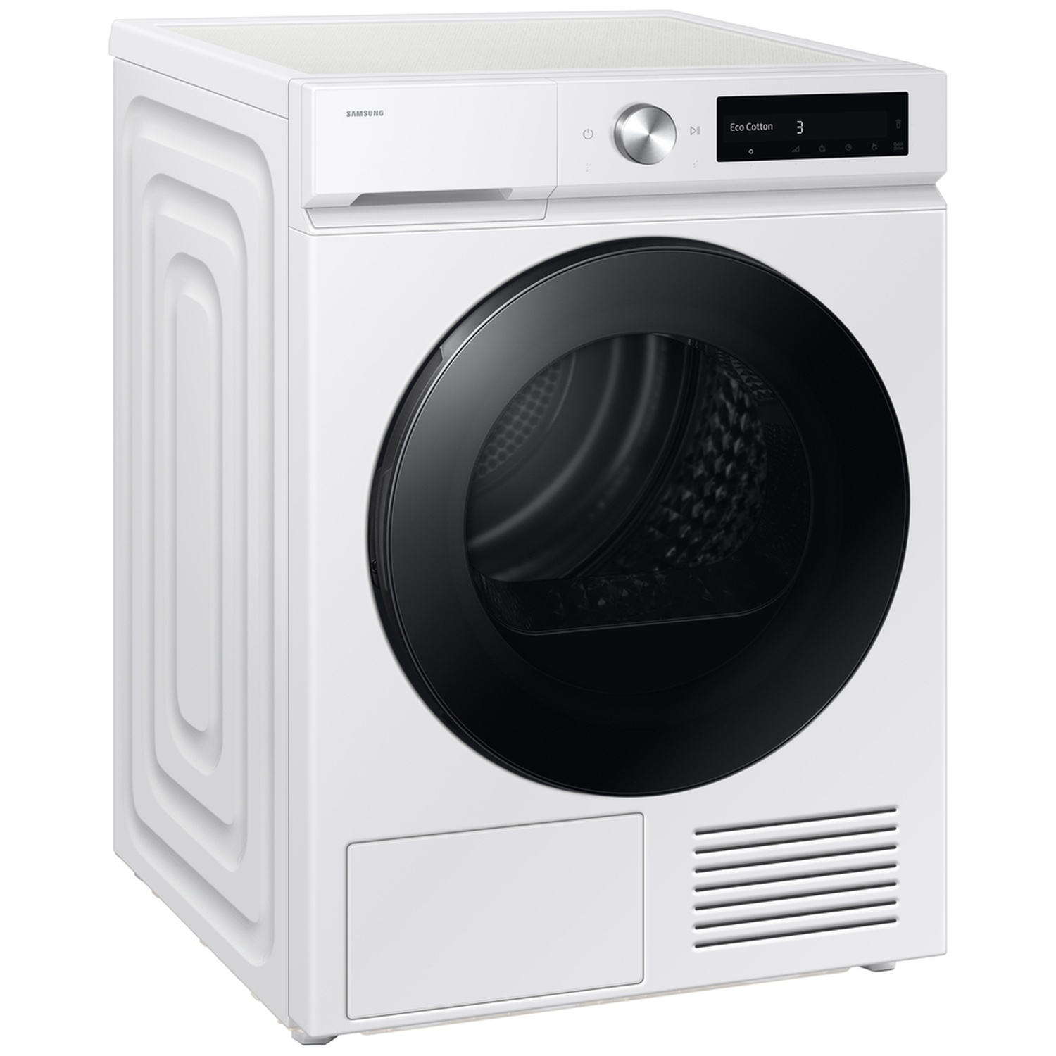 Moderne witte Samsung wasdroger met zwarte glazen deur en digitaal display tegen witte achtergrond.