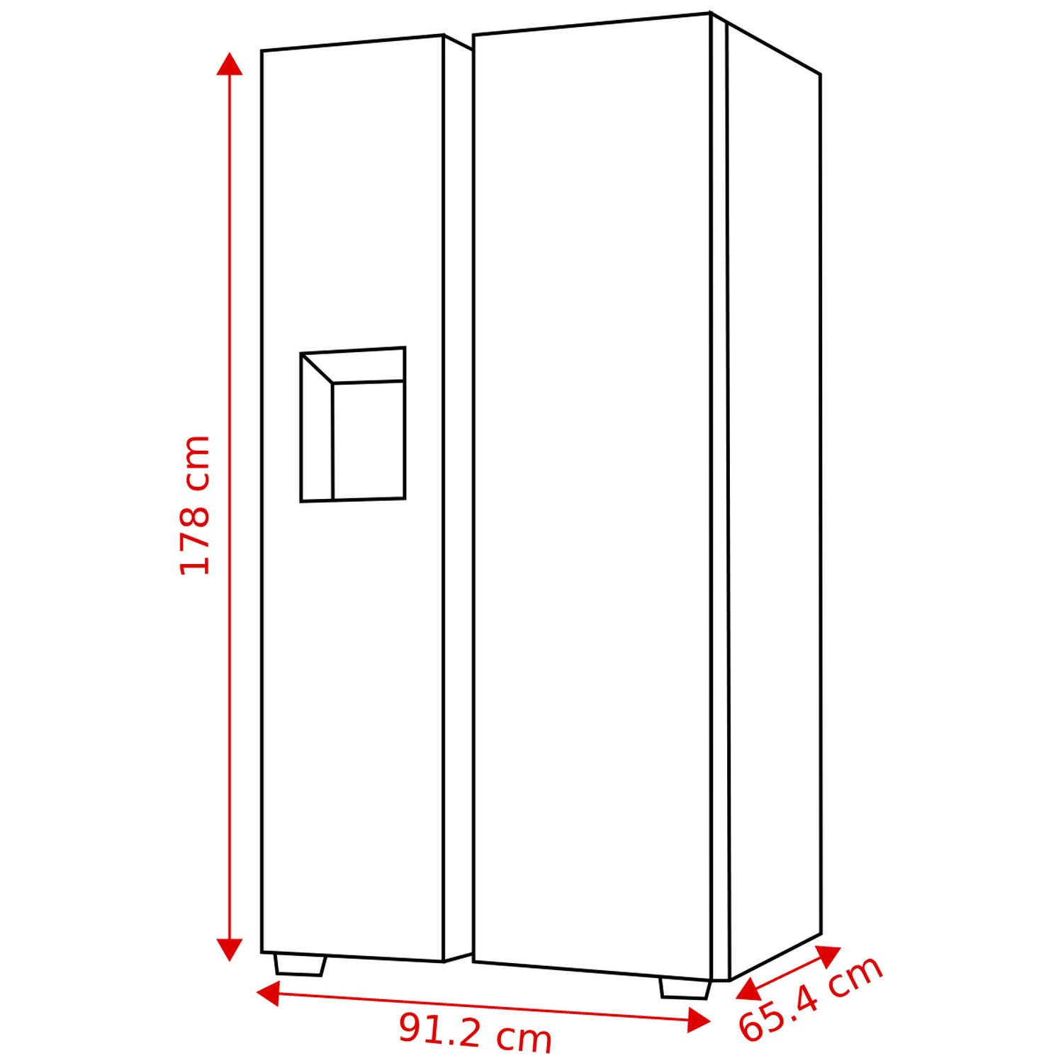 Line drawing of a large double-door refrigerator with red dimension arrows.