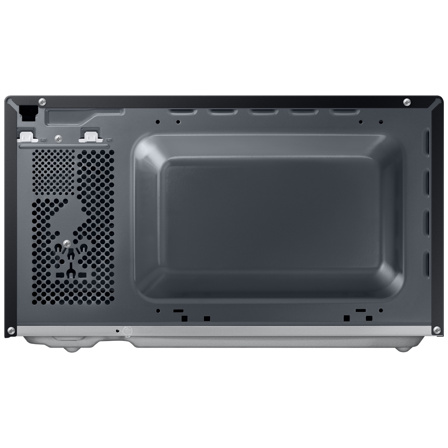 Rear view of a microwave oven showing ventilation grilles and screws on a gray background.