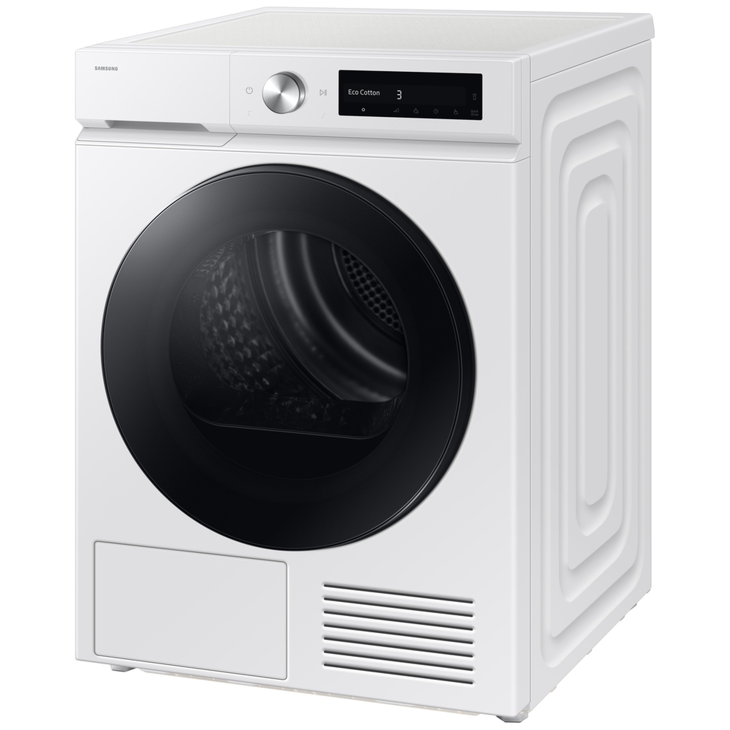 Moderne witte Samsung droogkast met zwart glazen deur en digitaal bedieningspaneel.
