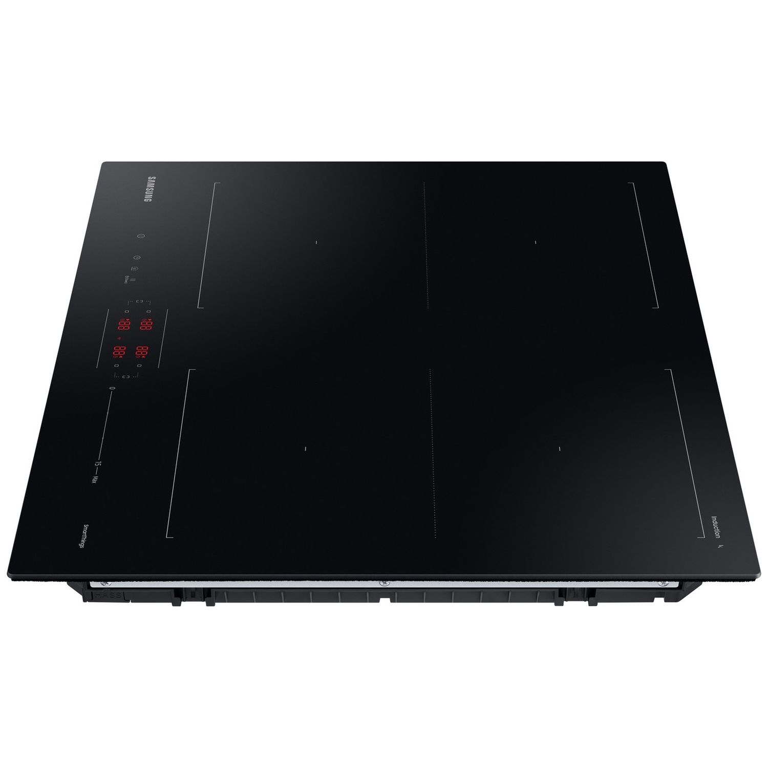 Black Samsung induction cooktop with four cooking zones and touch control panel.